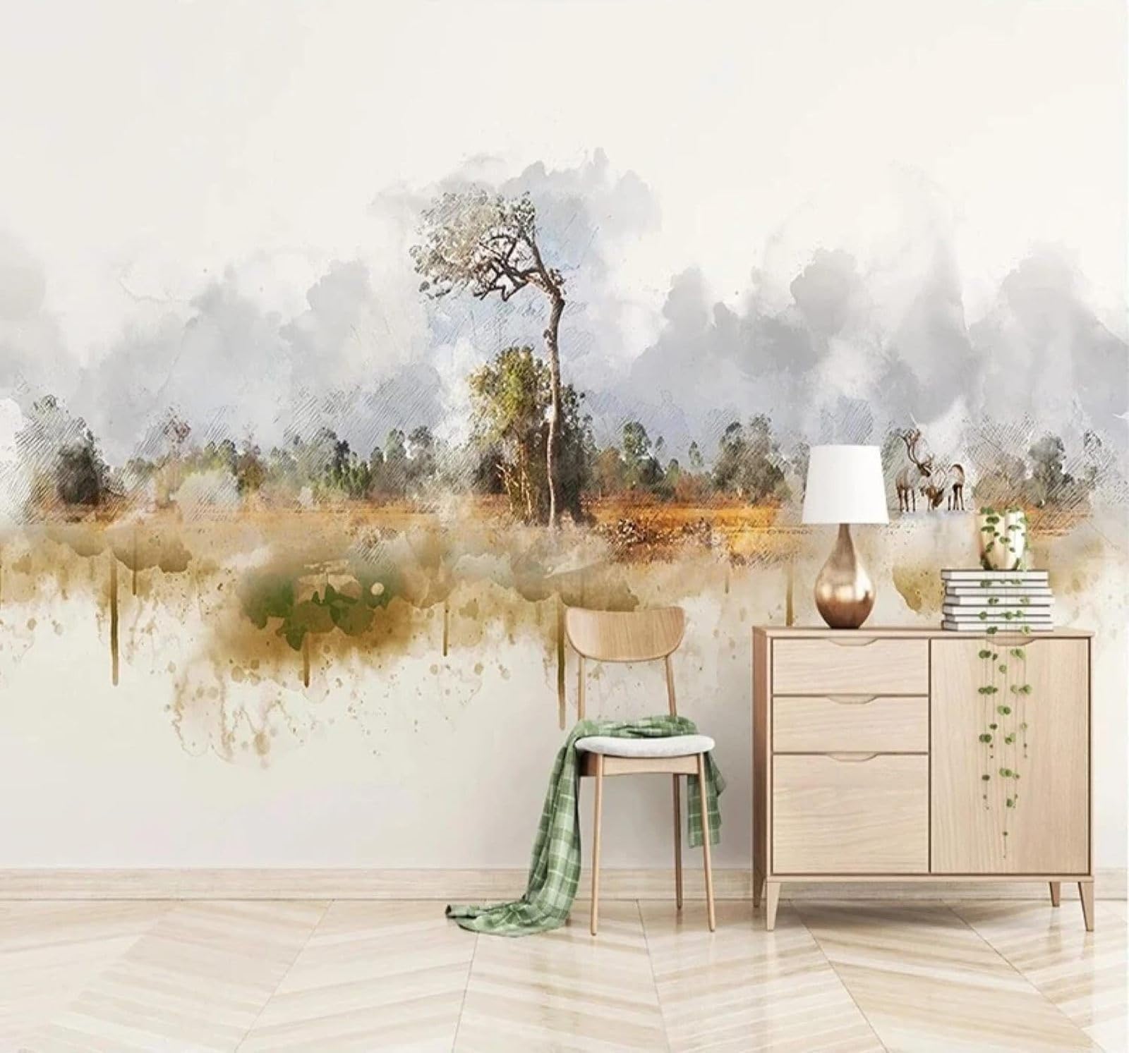 XLMING Minimalist Ink Trees Reindeer Landscape 3D Wallpaper Silky Texture Home Study Office Grey Dining Room Sofa Bedroom Living Room TV Backdrop-250cm×170cm