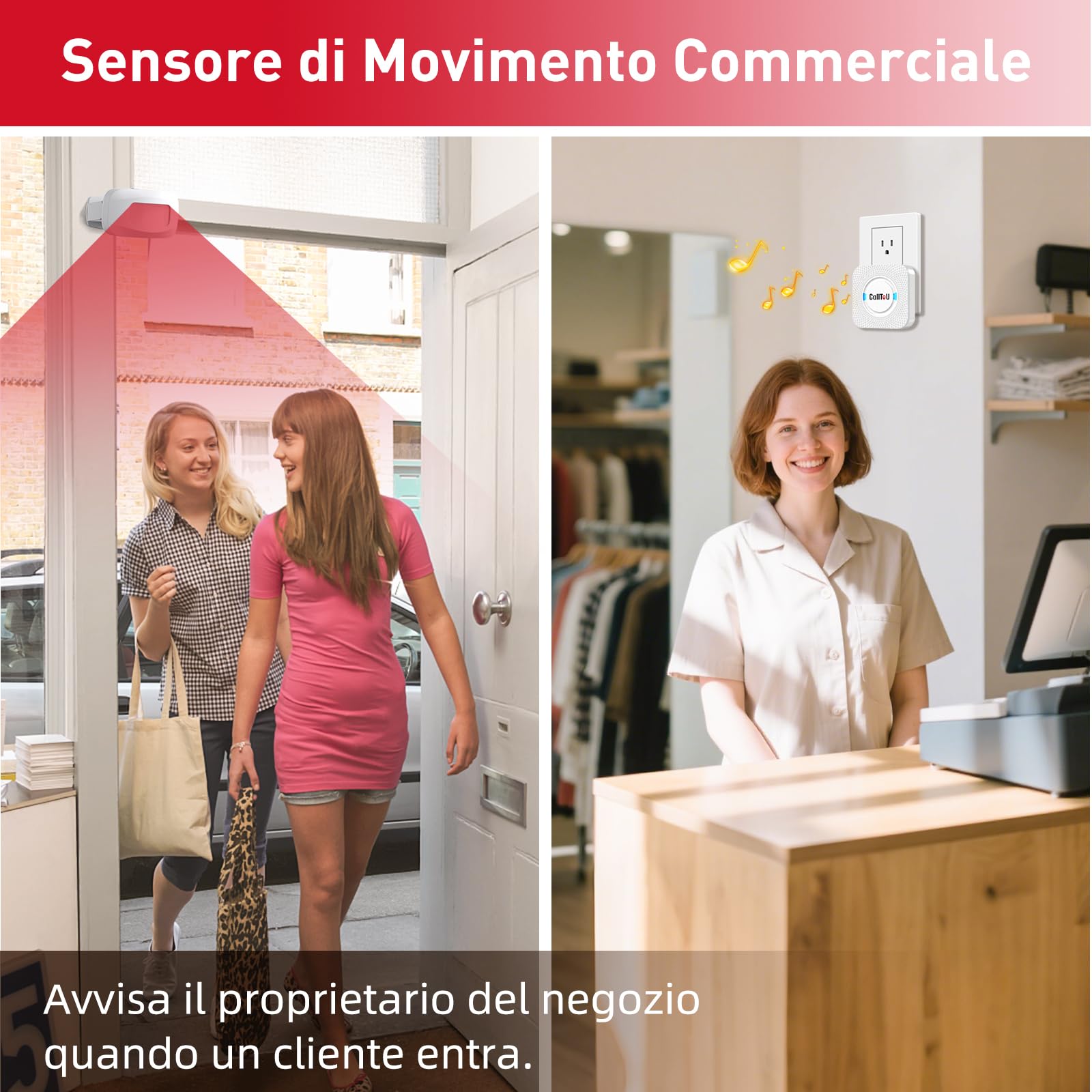 CallToU Timbre detector de movimiento de alarma interior, detector de paso, puerta de tienda con sensor giratorio de 360°, ideal para tiendas, campanas de gato, personas mayores y hogar