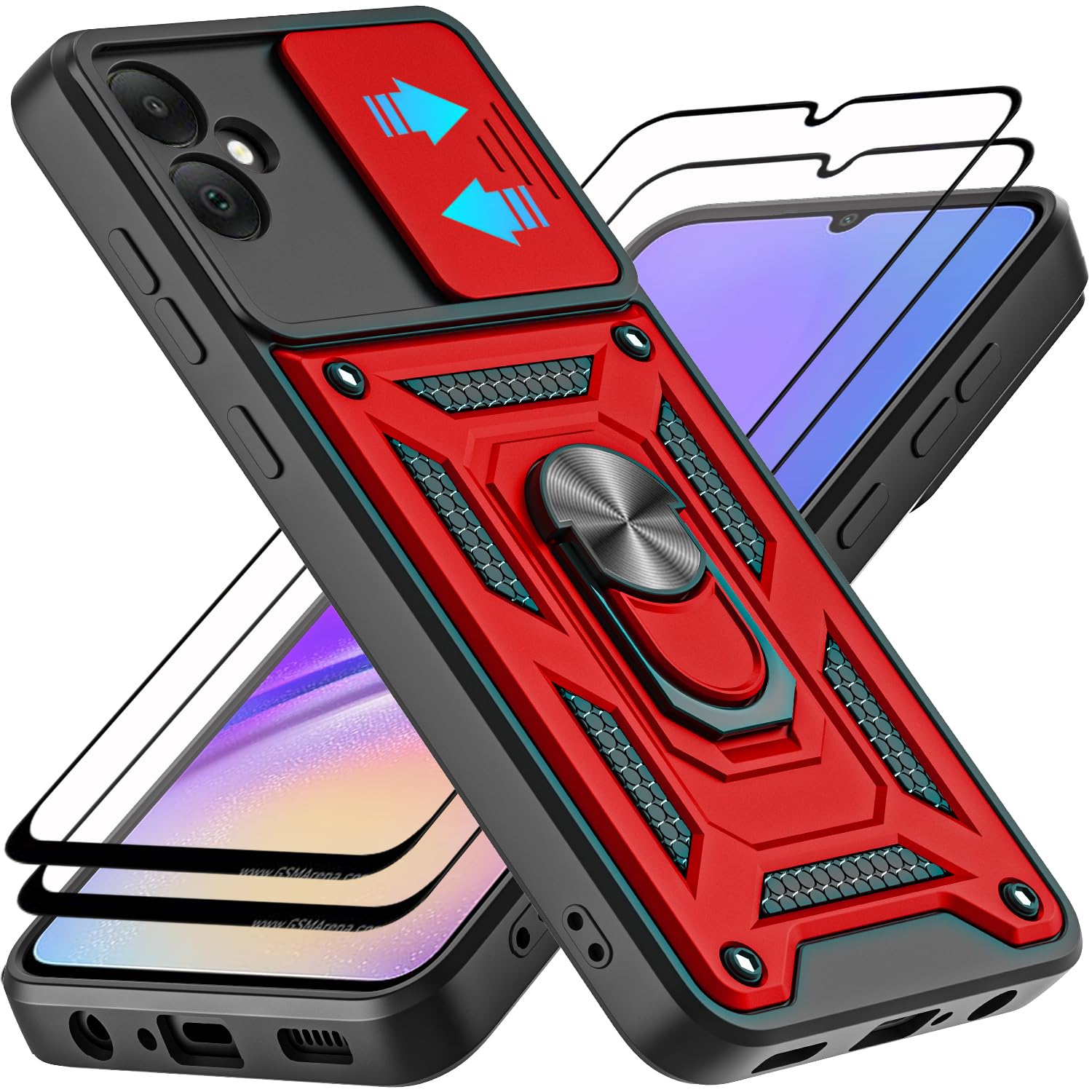AKINIK for Samsung Galaxy A05 Case, with Tempered Glass Screen Protector [2 Pcs] & Slide Camera Cover, 360°Rotation Ring Kickstand [Military Grade]
