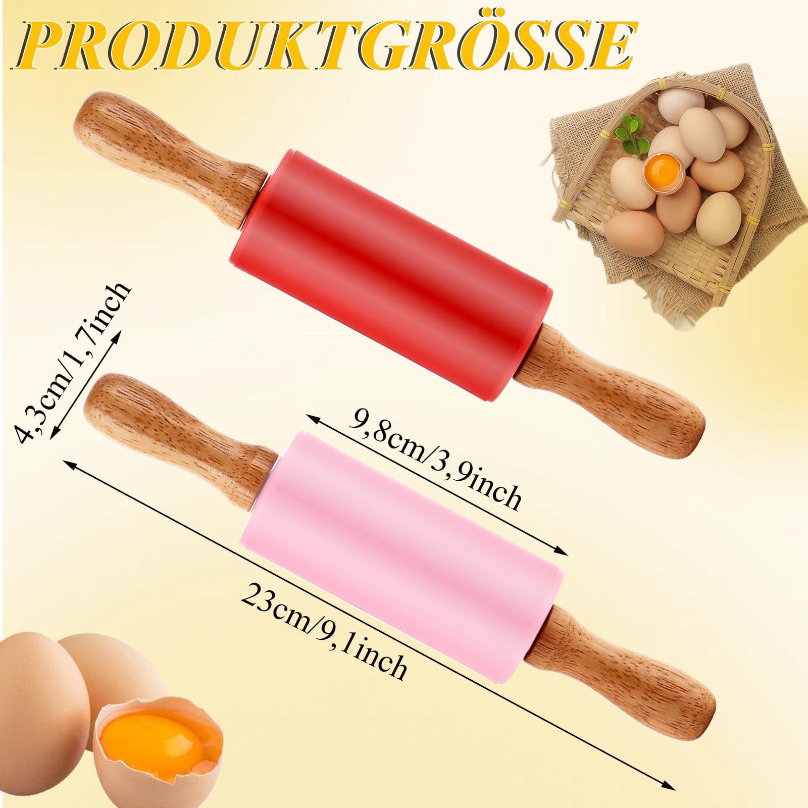 Lot de 6 Petit Rouleau Patisserie en Silicone 23,5 cm, Mini Rouleau Patisserie Antiadhésif avec Manche en Bois pour Fondant, Ravioli et Pizza