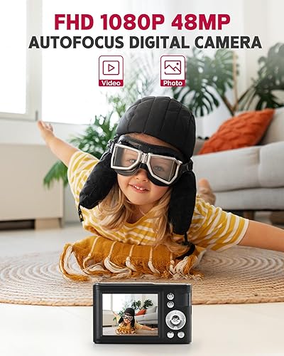 Miniatura 2 de Cámara digital, 48MP FHD 1080P cámara de apuntar y disparar con zoom de 16x, cámara portátil compacta antivibración para fotografía con tarjeta de