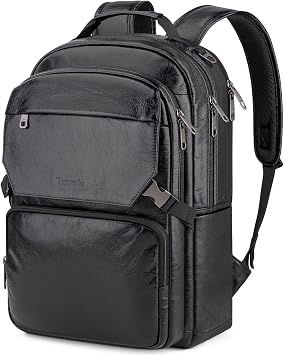 Tzowla Full Grain Genuine Leather Laptop Backpack for Men and Women, Business Work Travel Slim Daypack Fits 15.6 Inch Notebook/Computer, Black