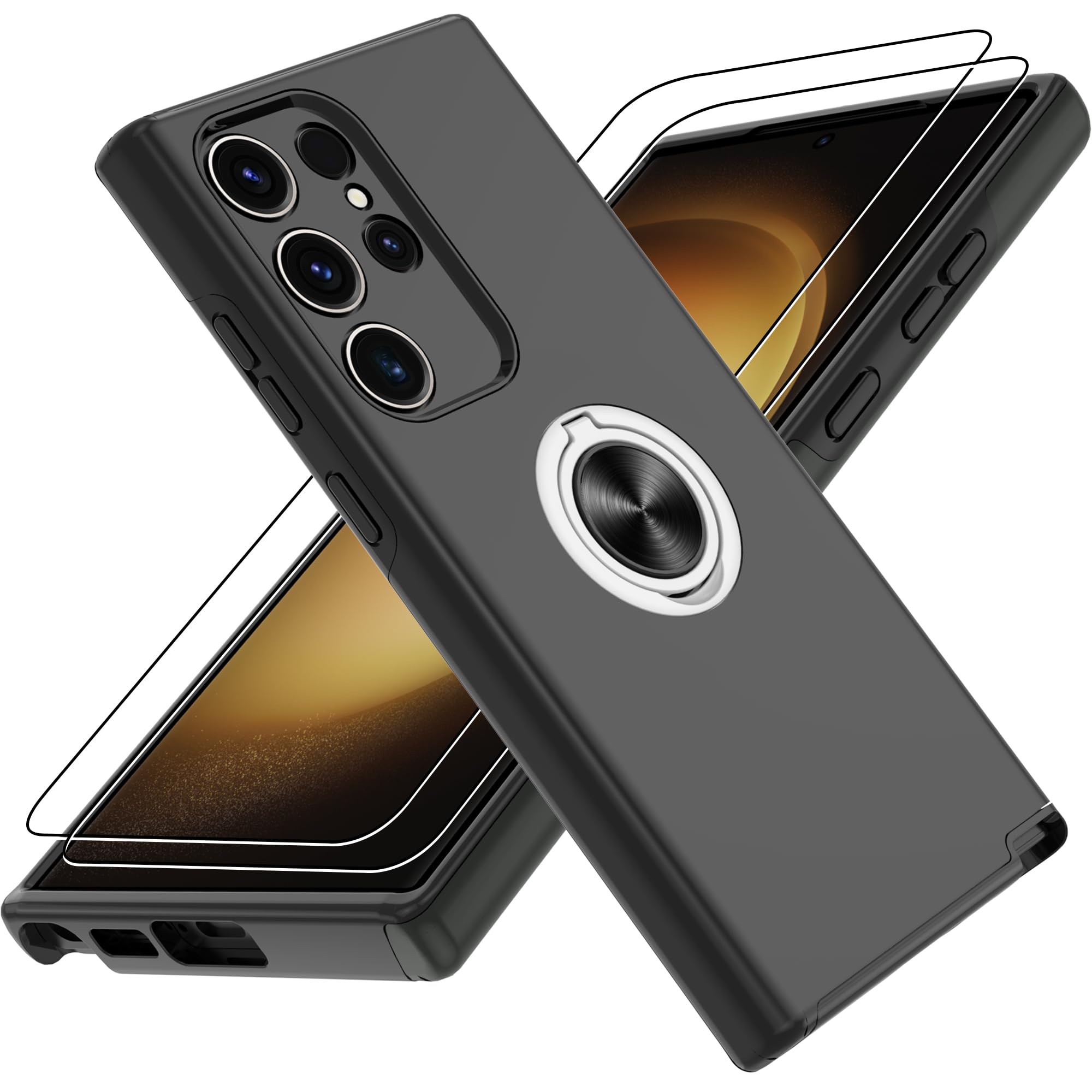 Gritup für Samsung Galaxy S23 Ultra Hülle mit 2 Stück Schutzfolie Militärstandard Stoßfeste Handyhülle,Robuste Fallschutz Schutzhülle 360° drehbare Metallhalterung Case für Galaxy S23 Ultra,Schwarz