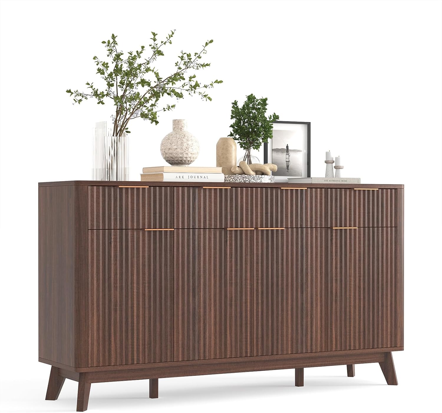 Garvee 60" Large Fluted Buffet Sideboard Cabinet with Drawers, Modern Farmhouse Buffet Storage Cabinet with Adjustable Shelves and Doors, Wood Coffee Bar Station Kitchen Console Table for Dining Room