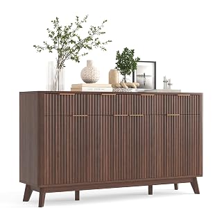 IDEALHOUSE 60" Farmhouse Fluted Sideboard Buffet Cabinet - Storage Drawers, Adjustable Shelves, Wood Coffee Bar Console for Dining Room Kitchen