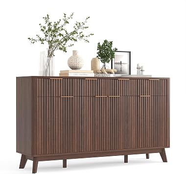 IDEALHOUSE 60" Large Farmhouse Sideboard Buffet Cabinet with Storage Drawers & Adjustable Shelves, Wood Fluted Buffet Storage Cabinet & Coffee Bar Console Table for Living Room & Kitchen Dining Room