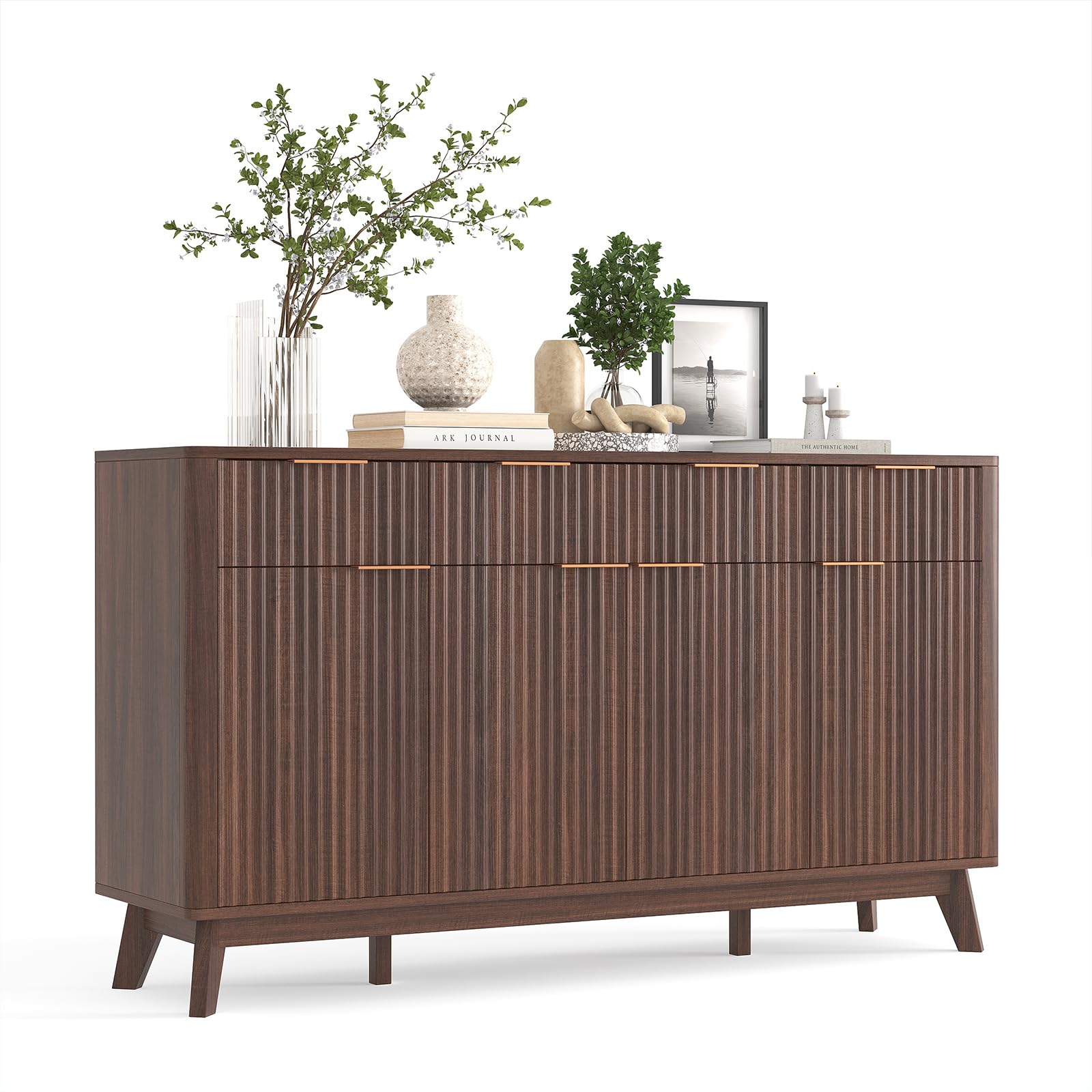 60" Large Farmhouse Sideboard Buffet Cabinet with Storage Drawers & Adjustable Shelves, Wood Fluted Buffet Storage Cabinet & Coffee Bar Console Table for Living Room & Kitchen Dining Room