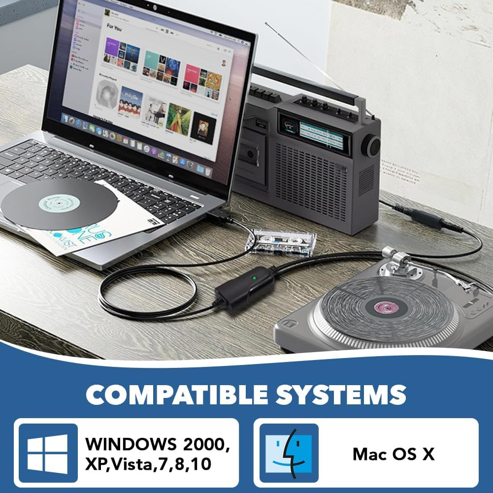 USB 2.0 Audio Converter Grabber, RCA to USB Digital Audio Capture Device for Cassette Tapes to MP3 Converter Compatible with Windows XP/7/8/10 and Mac OS 10.14