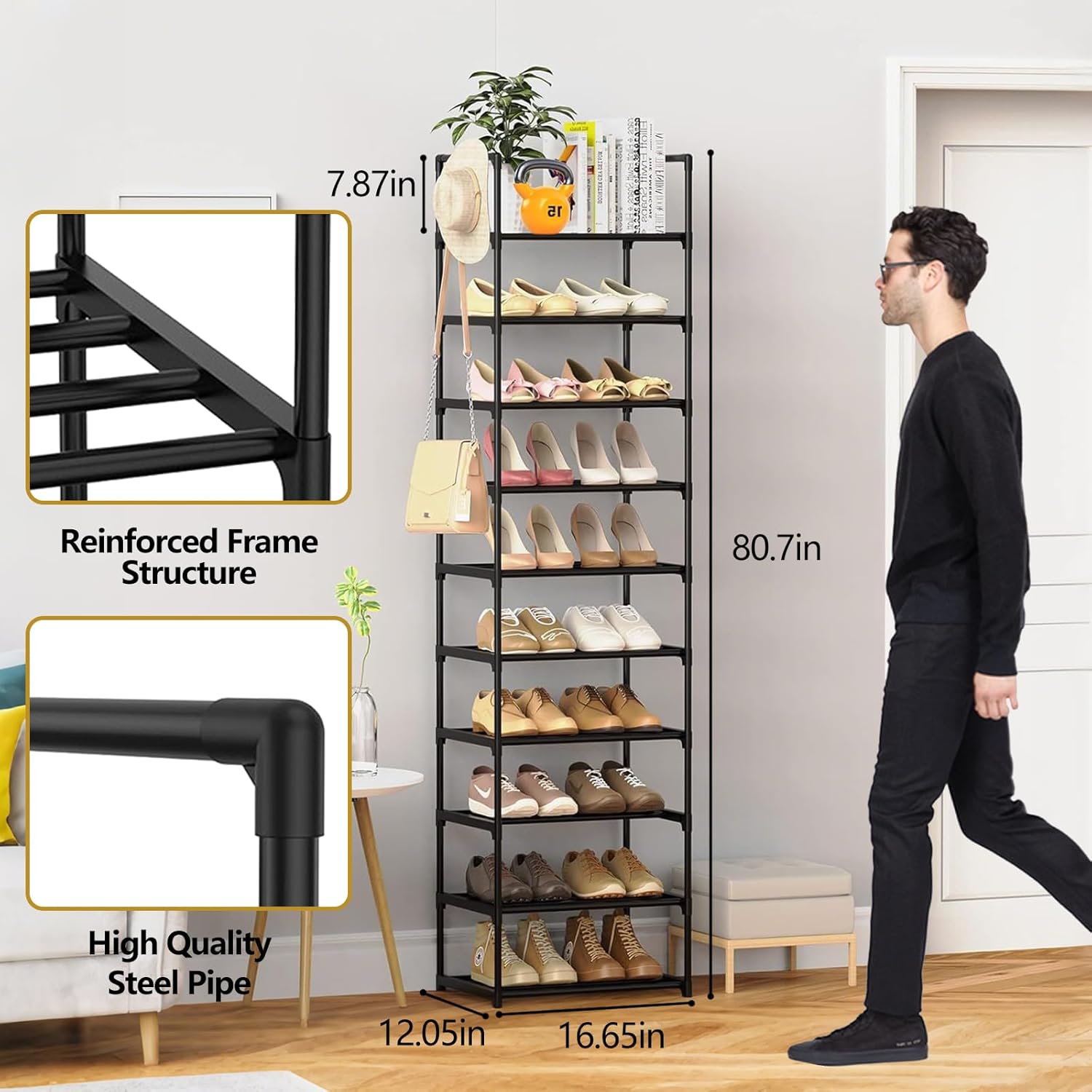Shoe Rack Narrow 10 Tiers Tall Shoe Rack 20-25 Pairs Metal Shoe Rack Organizer Storage Sturdy Shoe Racks for Closets Shoes Stand Shoe Shelf with Hooks, 16.9L x 11.8W x 68.9H Inch