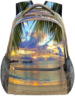 Mochilas escolares leves para meninos e meninas, adolescentes, folhas de palmeira, praia, mar, impermeável, 40,6 cm, para viagem, laptop, mochila casual, adequada para homens e mulheres, trabalho, viagens, caminhadas, acampamento, Multicor, Medium