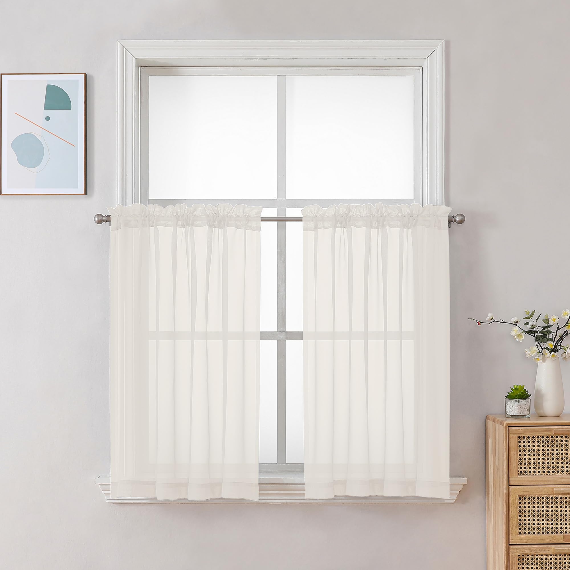 Chyhomenyc Ivory Sheer Curtains 30 inch Length 2 Panels, Light Filtering Voile Rod Pocket Short Window Curtians for Bathroom Living Room Farmhouse Small Windows, 42Wx30L inches