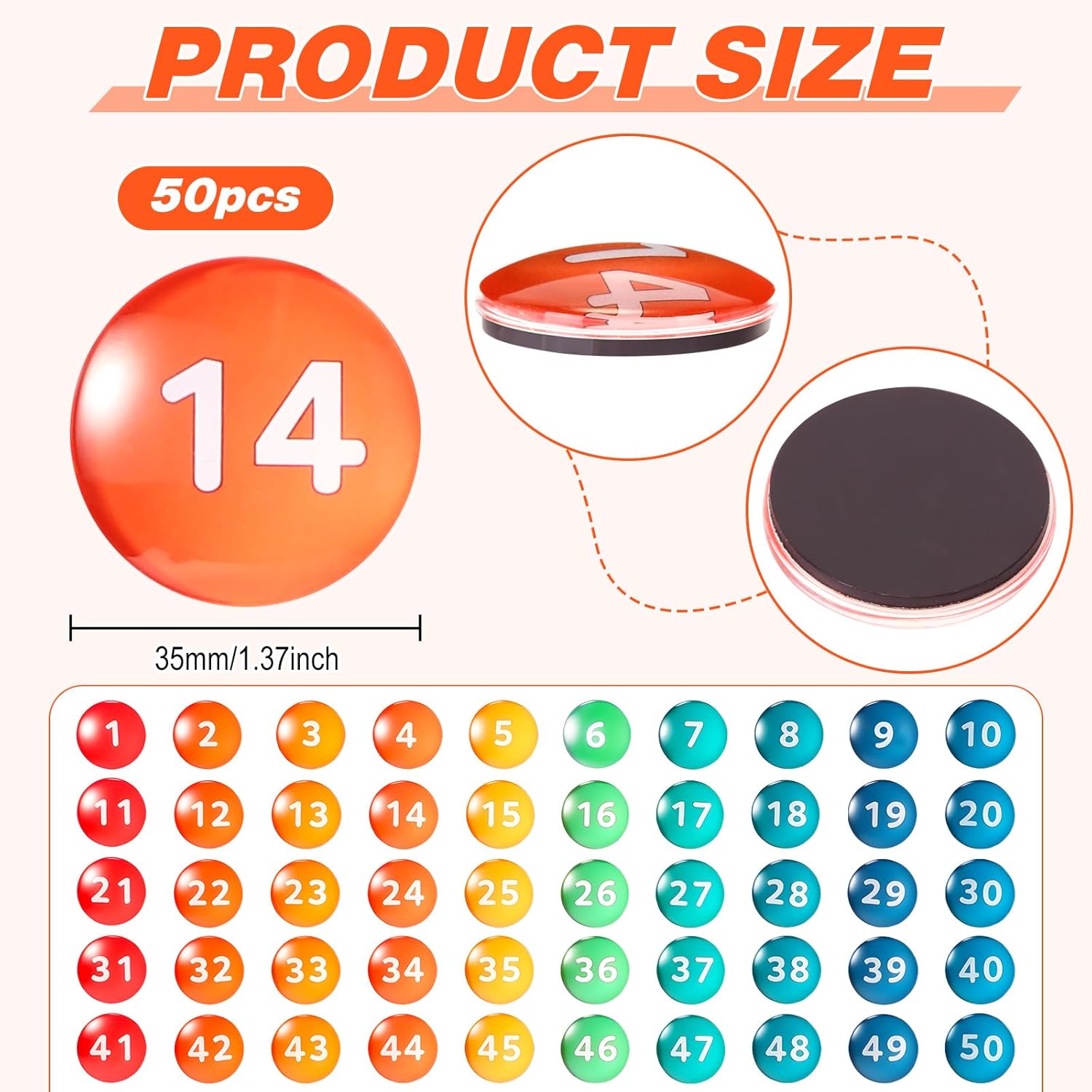 Tellegloww 1-50 Magnetic Numbers Large Glass Magnets Number for Whiteboard Dry Erase Boards Classroom Round Number Refrigerator Magnets for Whiteboard Home School Office(Dark Color,1.41")