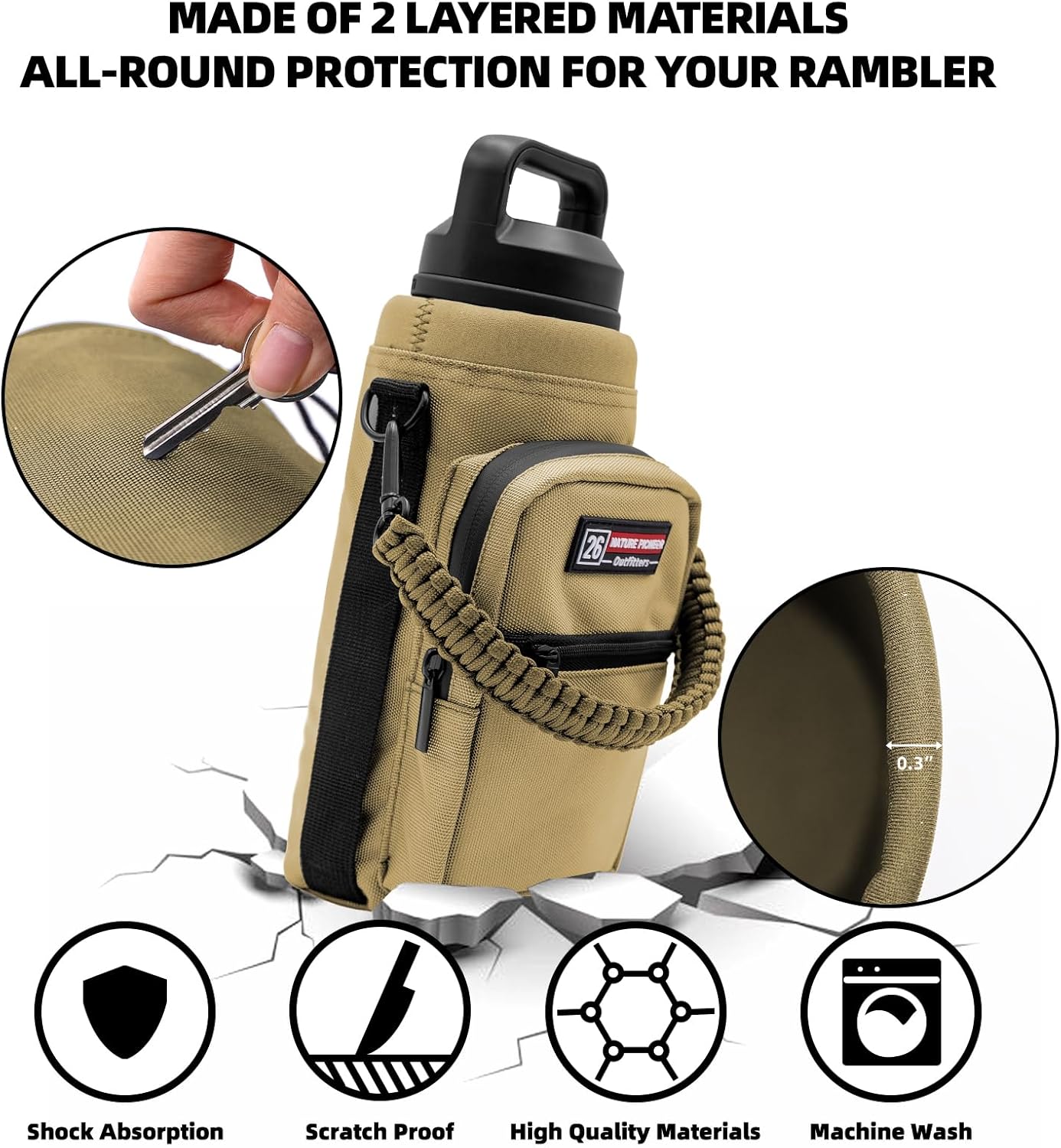 NATURE PIONEOR Water Bottle Holder with Adjustable Strap - 26/32/36/40/46/64oz Insulated Water Bottle Sling Carrier with Paracord Handle & 2 Pockets, Outdoor Sports, Hiking, Camping, Gym - Image 2