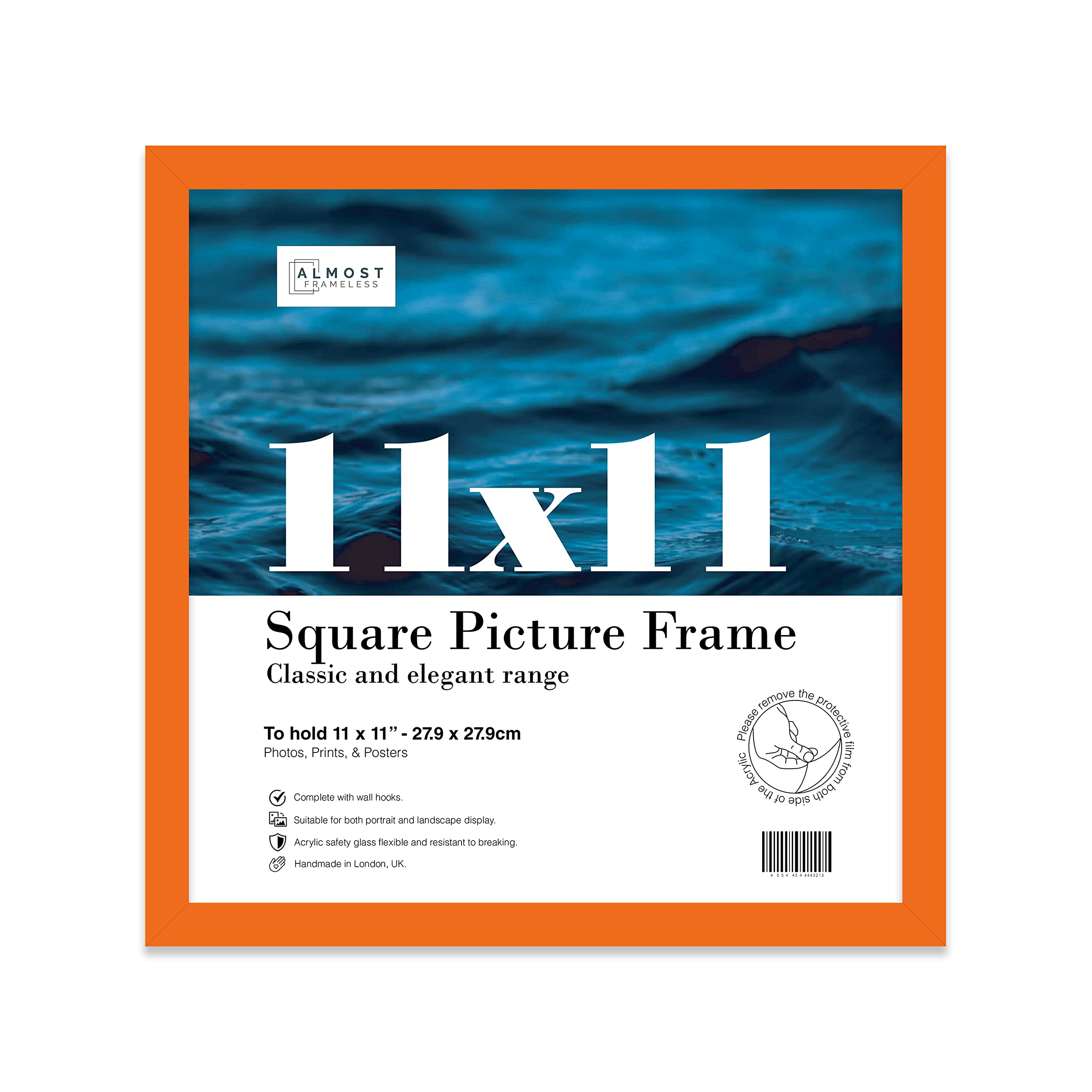 Almost Frameless 11x11 Orange Picture Frame 11"x11"(27.9x27.9cm) Poster, Photo, Artwork, or Print. Thin Edge Slim Frame Portrait and Landscape Display with Wall Hooks
