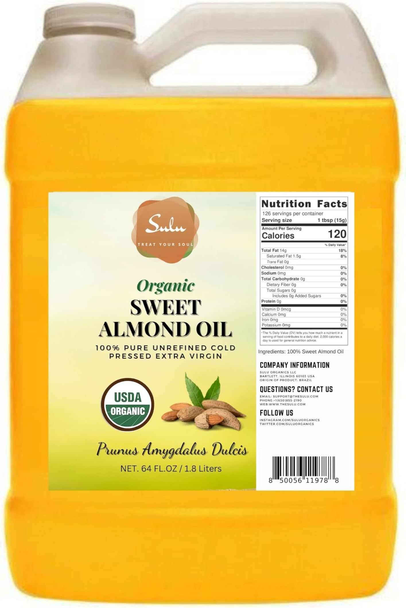 Certified Organic Unrefined Cold Pressed Sweet Almond Oil- 4 lbs/64 fluid ounces