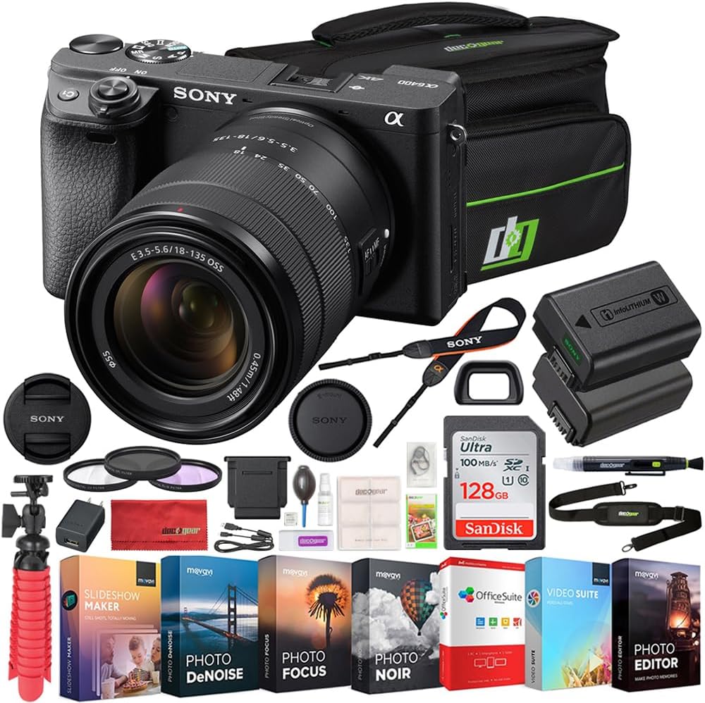 Sony a6400 4K Mirrorless Camera with 18-135mm F3.5-5.6 OSS Zoom Lens ILCE-6400M/B Black | Official Sony USA Partner Model | Bundle with 128 GB Memory Deco Gear Travel Case Filter Kit & Extra Battery
