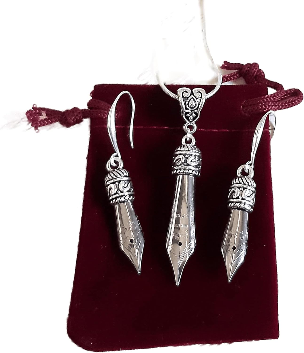 Set of Pen nib Earrings and Necklace with Silver 925 ear wires in Gold or Silver color in a Velvet pouch as a gift for writer, calligrapher