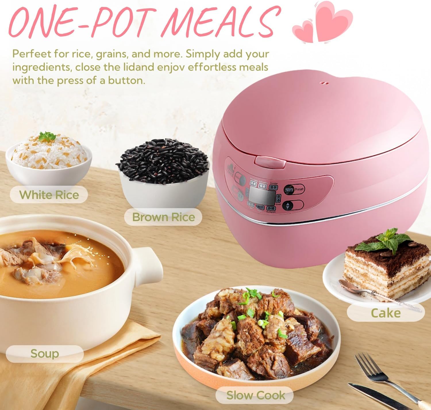 Pink Rice Cooker 1.8L Heart Shaped Rice Cooker with Removable Non-stick Pot, Preset Timer and Automatic Heat Preservation, Slow Cooker, Baking Gifts for Women, House Warming Gifts New Home, Mothers Day Birthday Housewarming Present