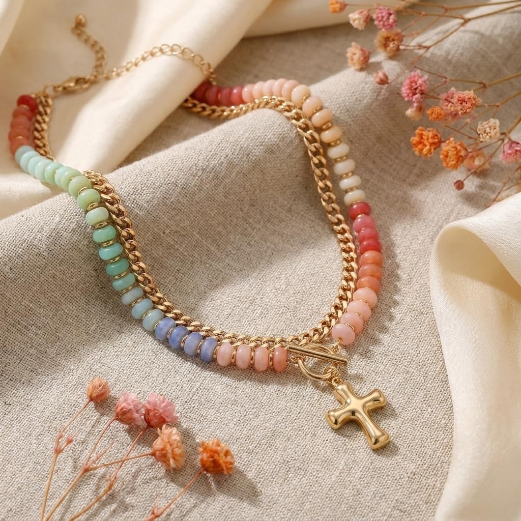 Layered Beaded Cross Heart Pendant Necklaces for Women