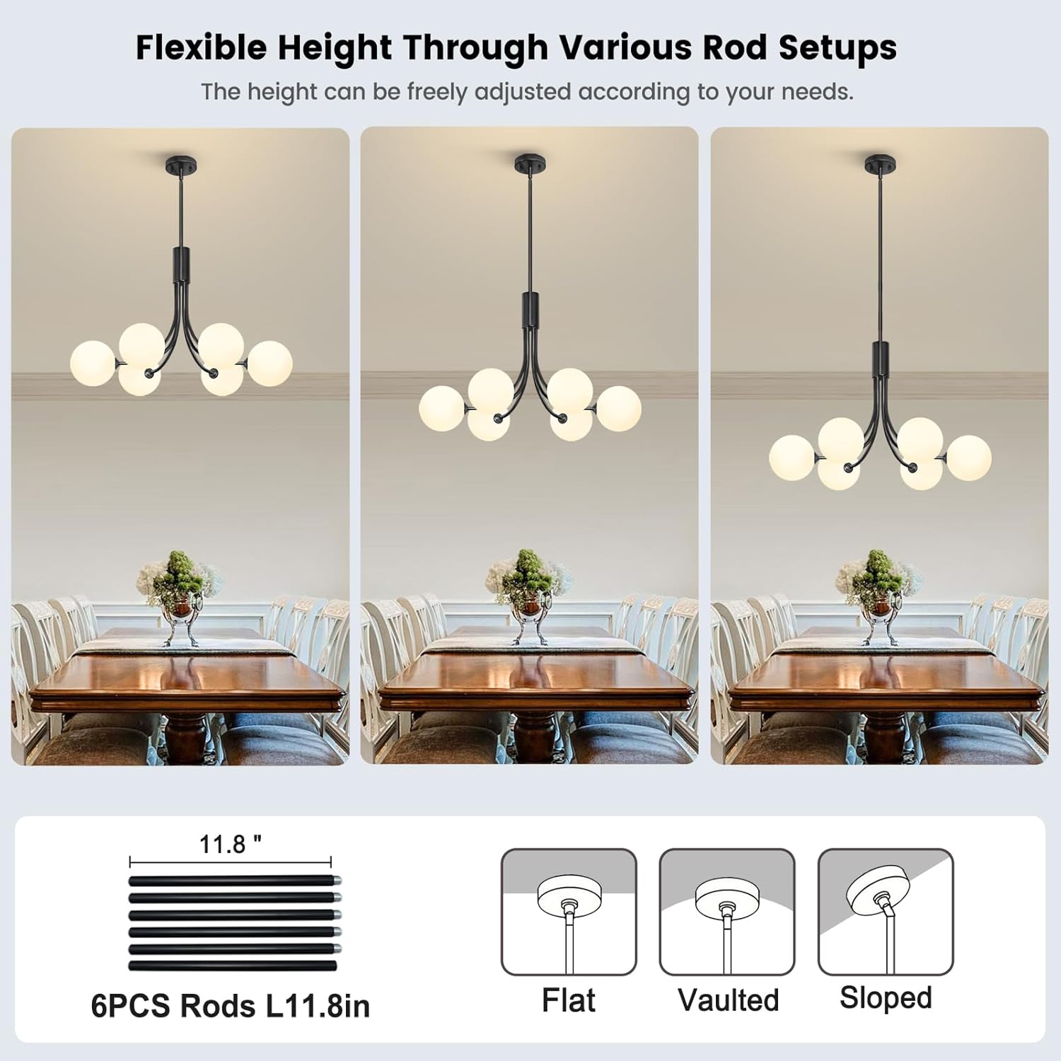 Sputnik Chandelier for Dining Room Black Mid Century Chandeliers Modern Farmhouse 6-Light Grey Globe Glass Shade Living Room Light Fixture High Ceiling Chandelier for Kitchen Island Foyer Entryway