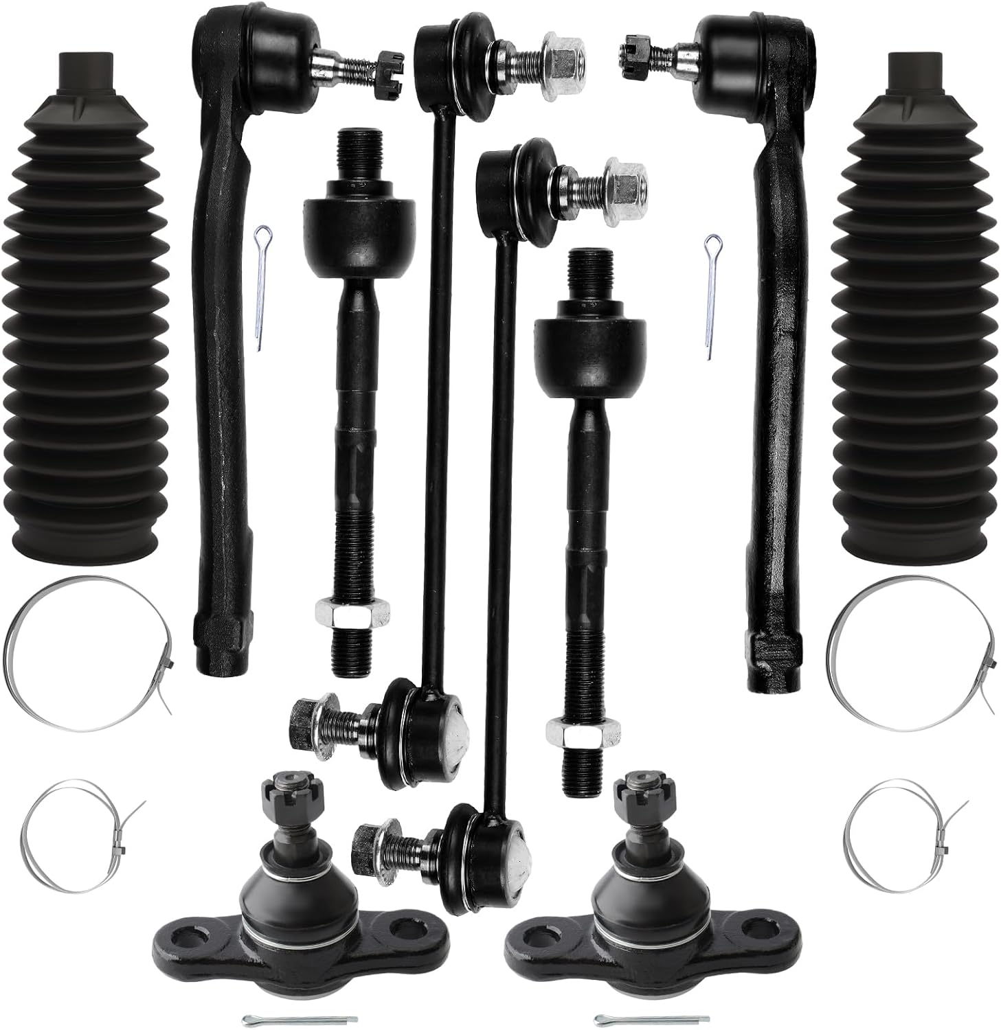 Front Inner Outer Tie Rod End w/Steering Boot fit 2007-2012 for Hyundai for Elantra 2010-2013 for Kia Forte Forte Koup, Suspension Kit with Lower Ball Joint Sway Bar End Link - 10pc Set