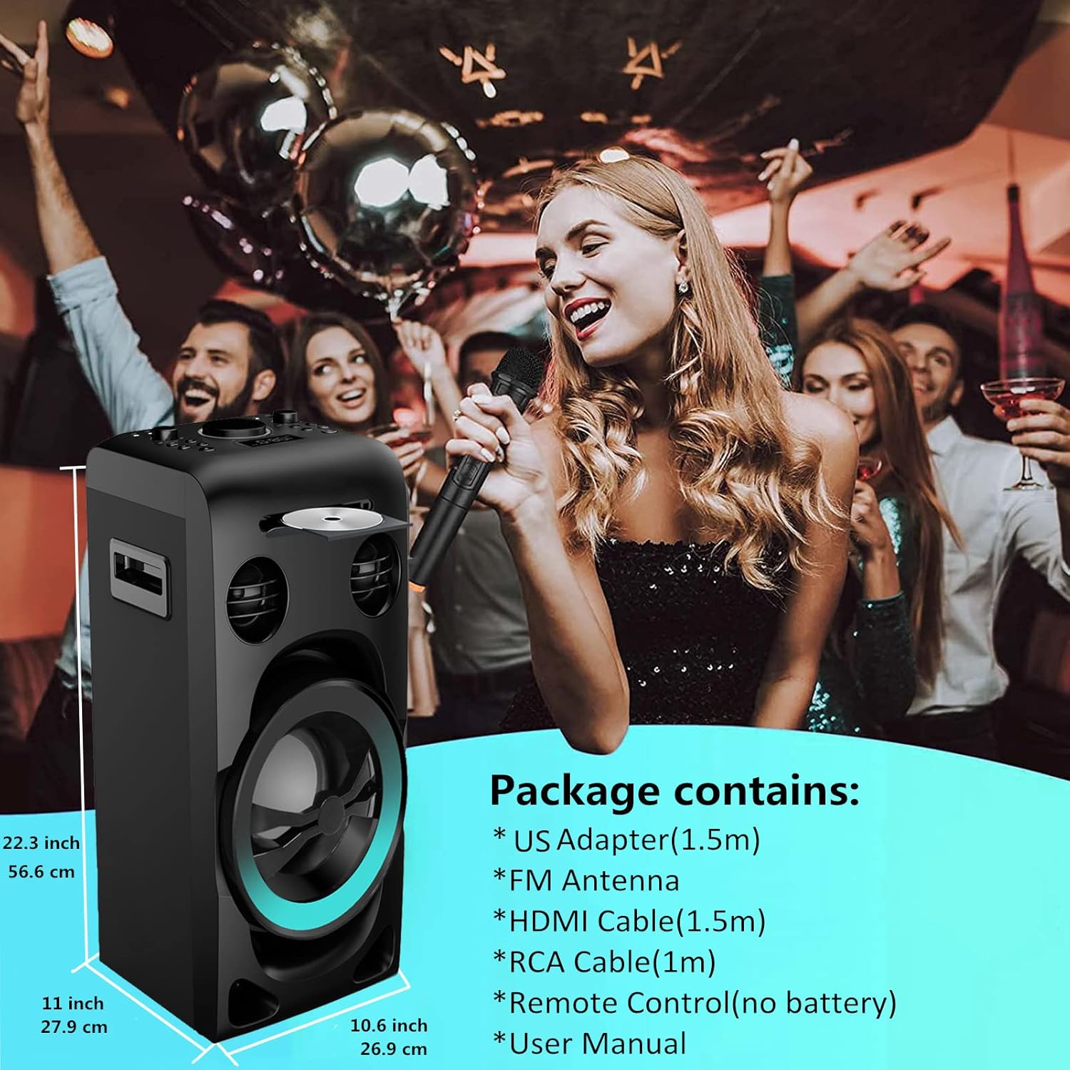 Detailed diagram of the stereo system's top control panel with labels for each button and knob, including volume, source, LED mode, tone, microphone controls, and playback buttons.