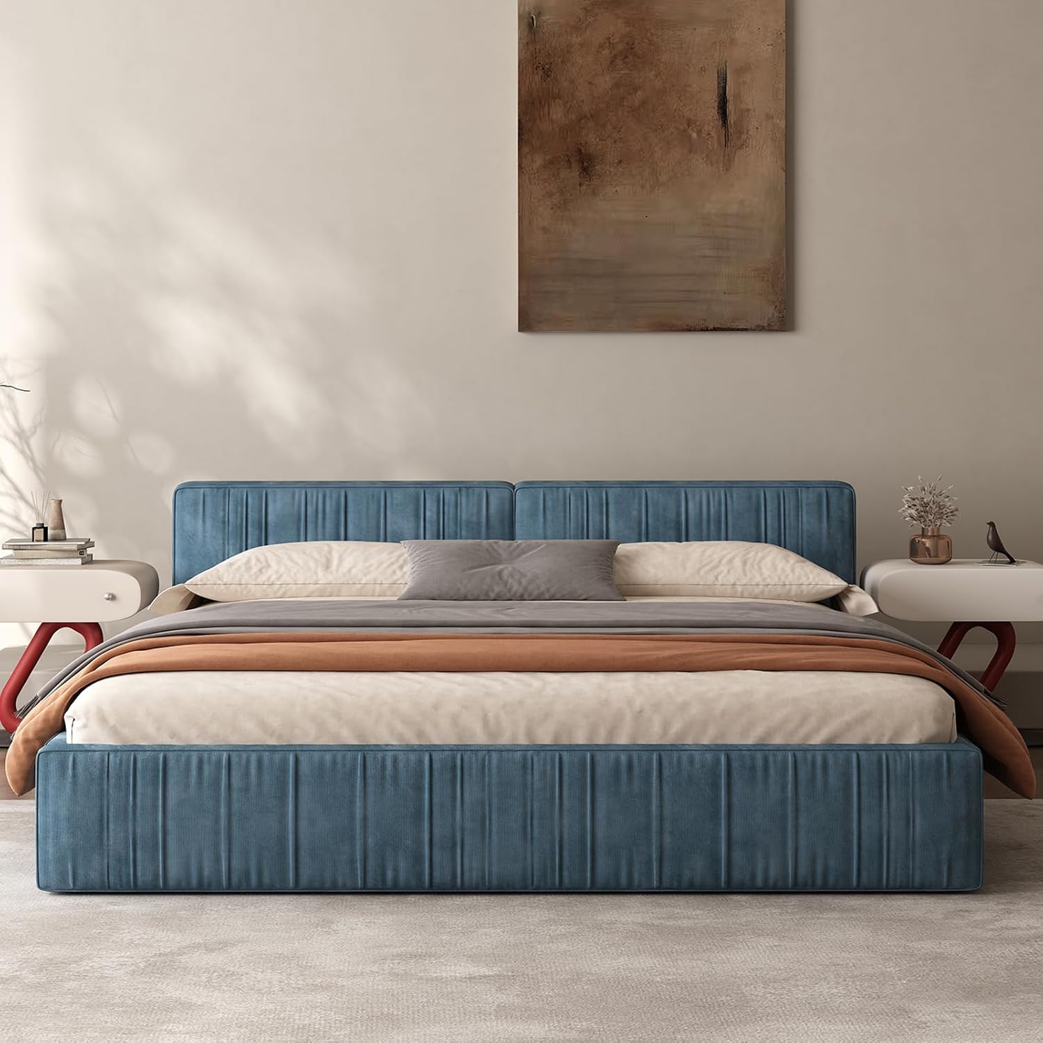 Queen Size Chenille Platform Bed with Thick Headboard and Footboard, Block Pleated Design Style, Wooden Structure Solid, Noise Free,No Box Spring Required (Blue, Queen (U.S. Standard))