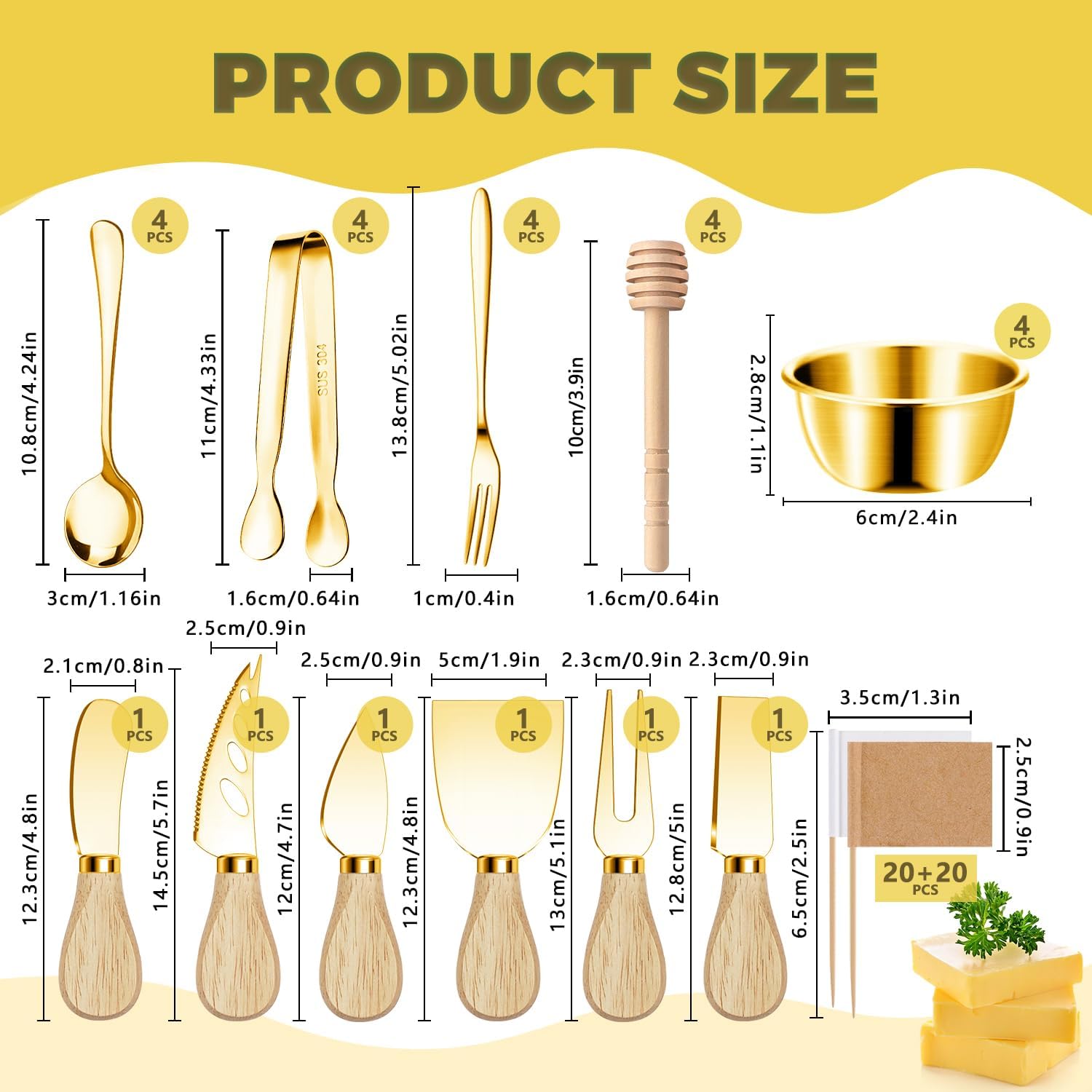 Charcuterie Boards Accessories Gold Charcuterie Utensils Cheese Butter Spreader Knife Set Small Serving Tongs Forks and Spoons Dipping Bowls Honey Dippers Toothpick Flags for Party Platter Making