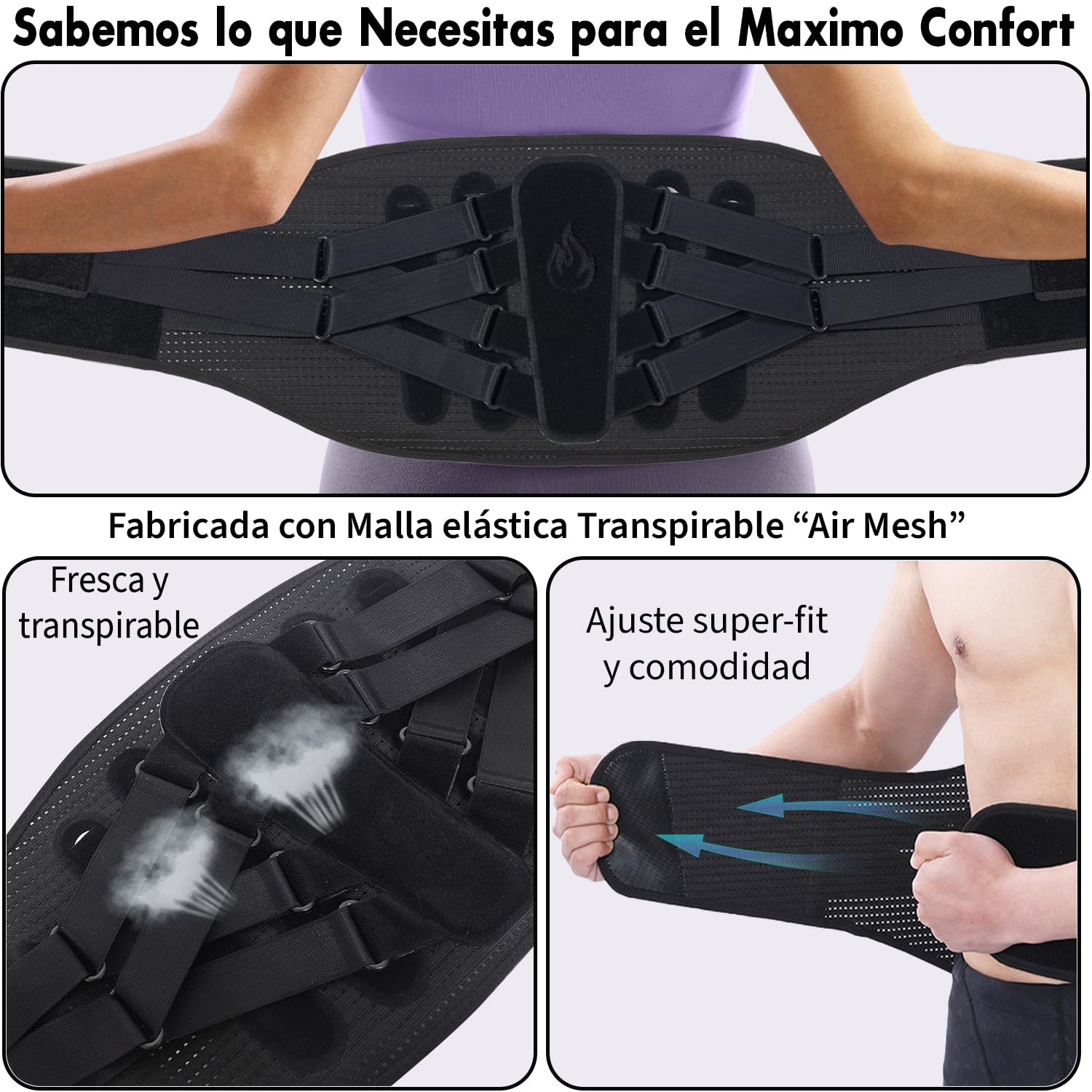 Faja Lumbar Hombre Mujer con Soporte Biónico, Almohadilla de Apoyo 3d, Férulas Ergonómicas, 8 Puntos de Compresión, Malla Elástica Transpirable, Dolor Espalda, Ciática, Trabajo, Postura (XL)