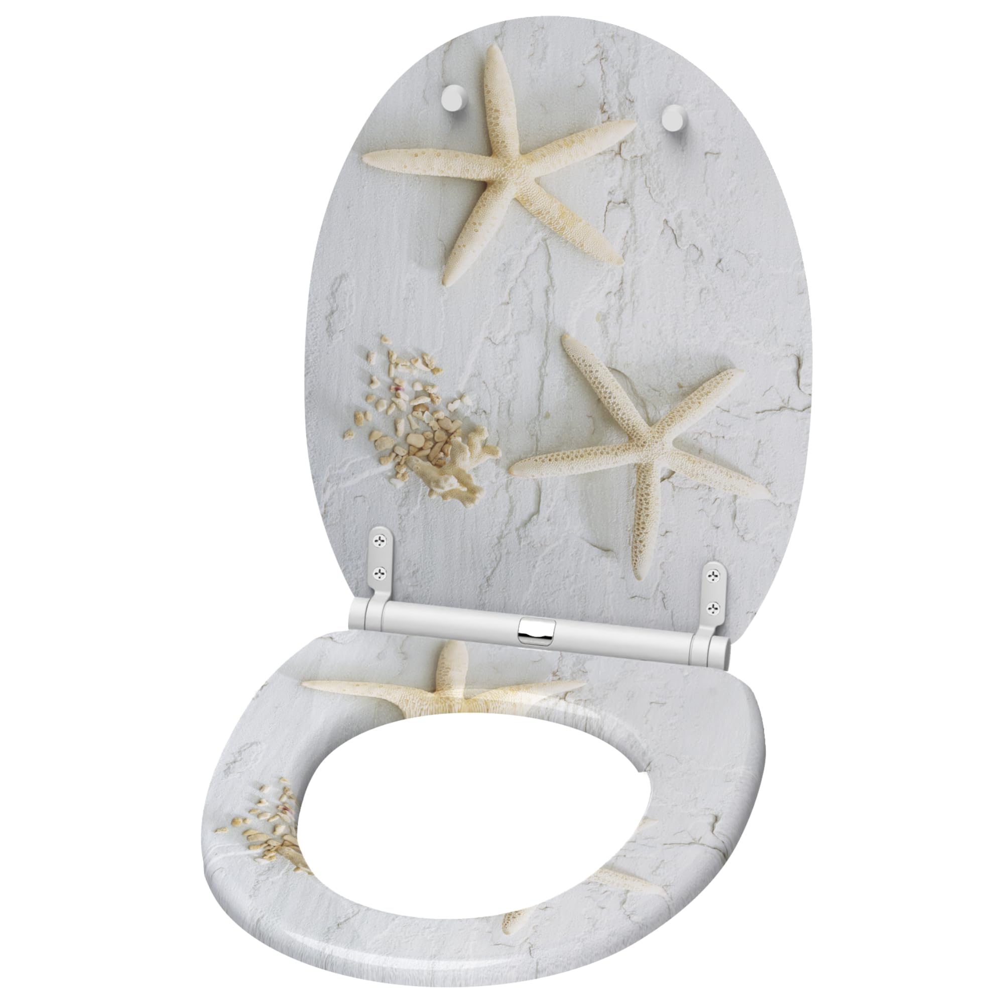 Sanilo Tapa de inodoro con cierre suave y liberación rápida, el asiento para WC se desmonta pulsando un botón, sencillo montaje desde arriba (Estrellas de mar gris)
