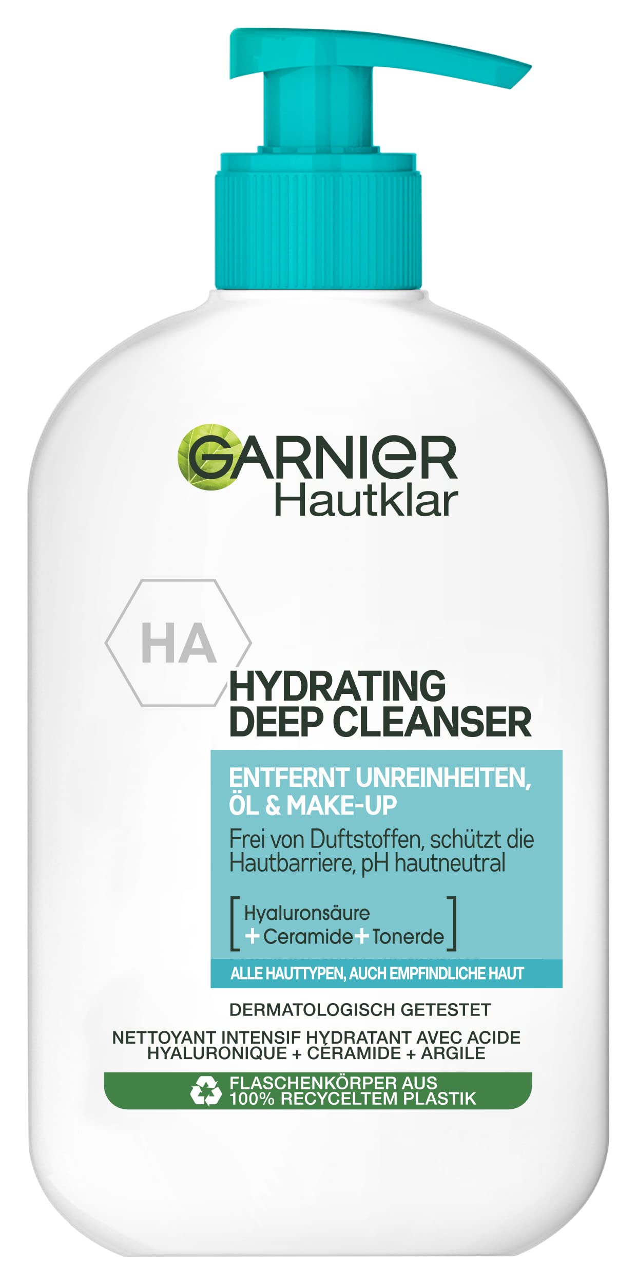Garnier Limpiador facial transparente para eliminar impurezas, aceite y maquillaje, con ácido hialurónico, ceramida y arcilla, limpiador profundo hidratante, 1 x 250 ml