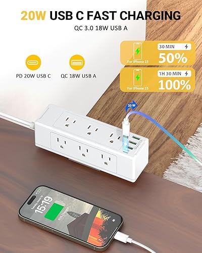 Miniatura 2 de Regleta de alimentación con abrazadera de escritorio con USB C, protector de sobretensiones de escritorio con 9 enchufes de CA, 4 puertos USB,