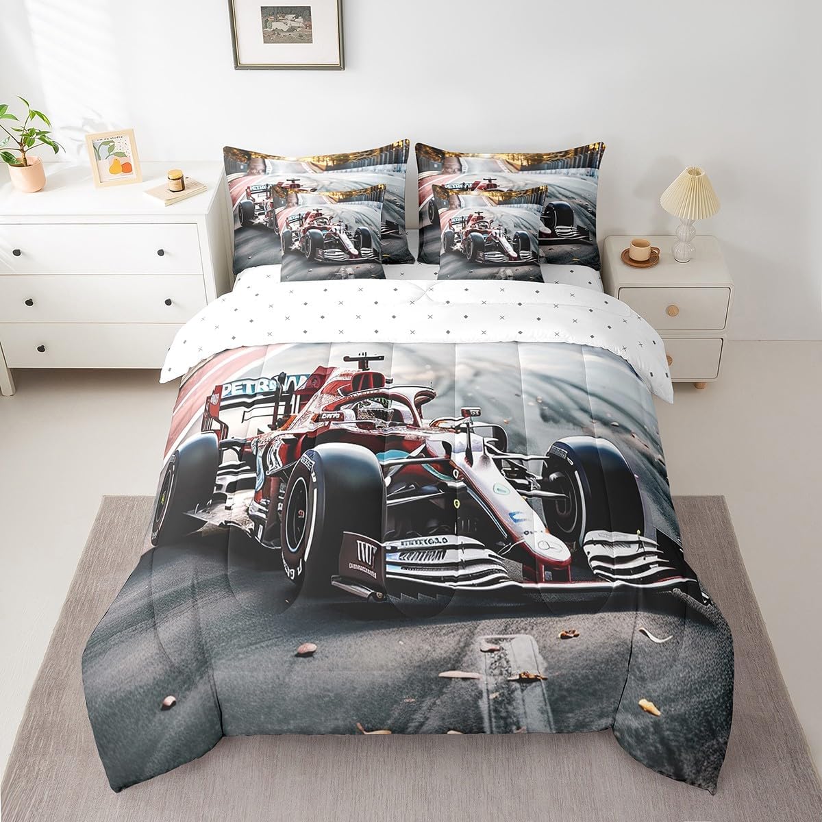 Twin Comforter Set 7 Pcs Kart Print Bedding Set Go-Kart Sports Car Bed in a Bag for Kids Boys Girls Teens Extreme Sports Theme Comforter Car Sports Competition Decor Bed Set with Sheets