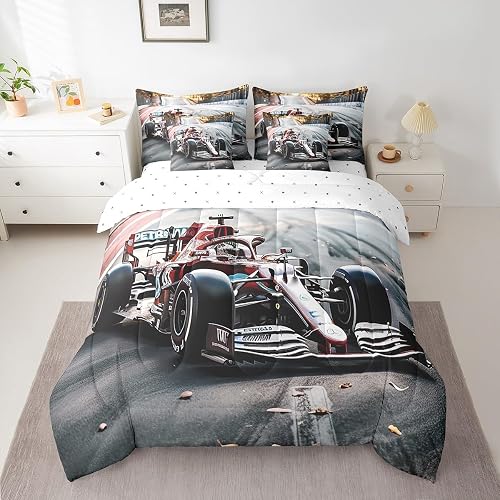 Feelyou Queen Comforter Set 7 Pcs Kart Print Bedding Set Go-Kart Sports Car Bed 
