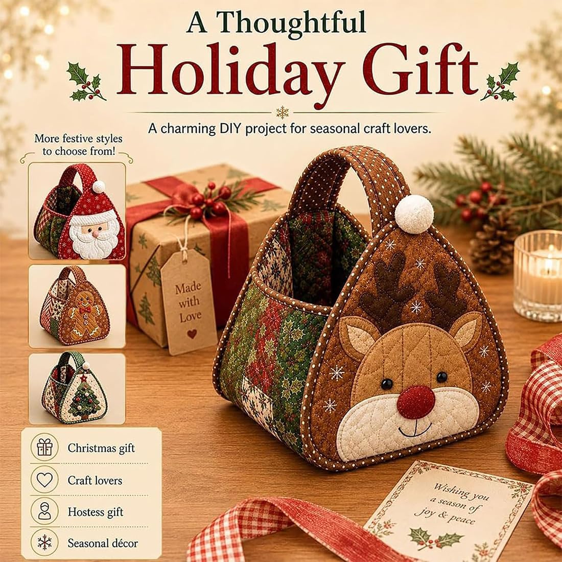 Cesta acolchada navideña, kit de cesta de almacenamiento de tela DIY, adorables personajes navideños, kit de costura DIY para decoración navideña, dulces (Set)