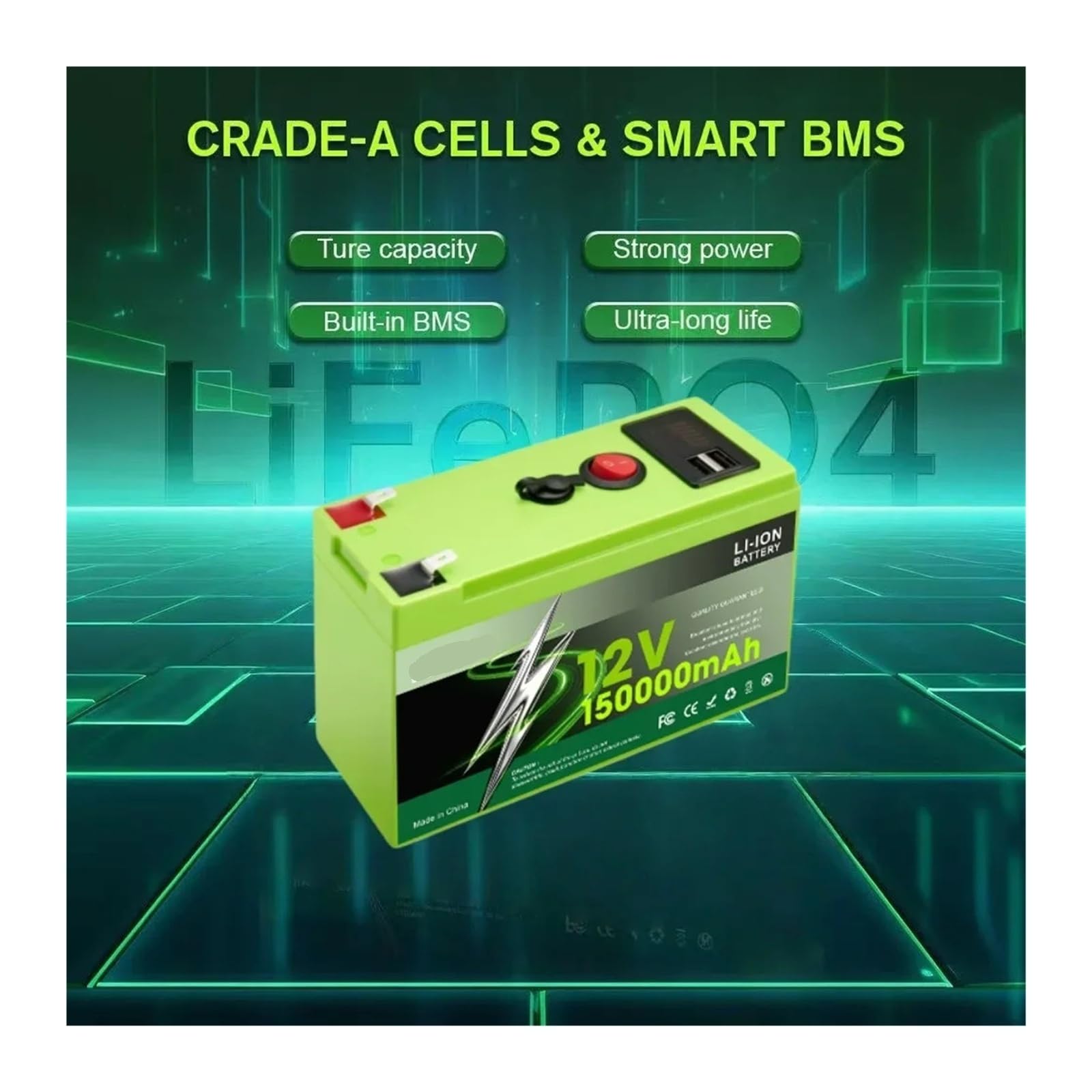Batteria Al Litio Ferro Fosfato Da 150 Ah 12 V LiFePO4 Ad Alta Capacità | For camper, camper, energia solare esterna off-grid(100Ah x1-charger x1)