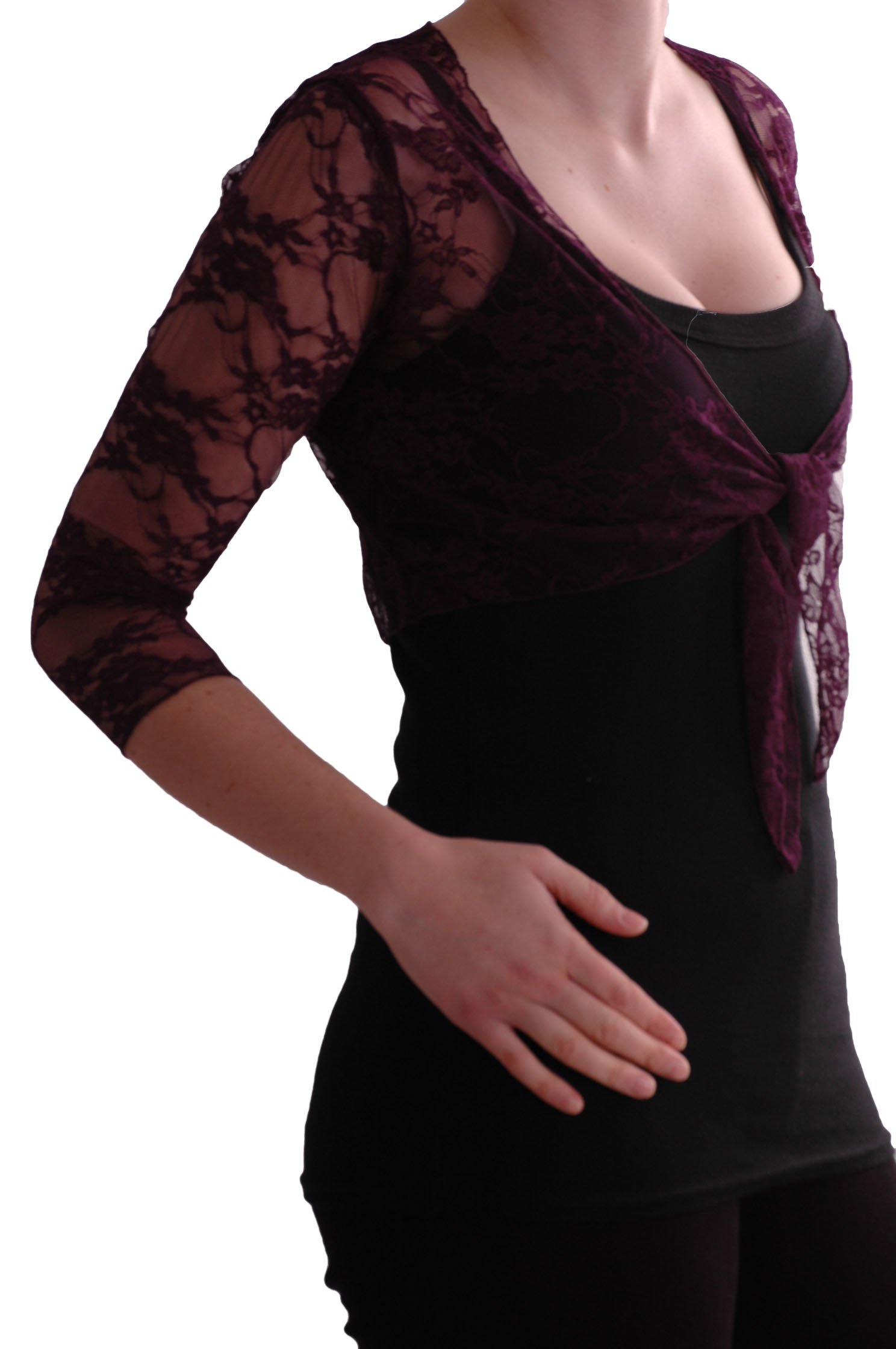 Eye Catch - Karina Lace Tie Front Bolero Cardigan Womens Shrug Tops Purple Size 8/10