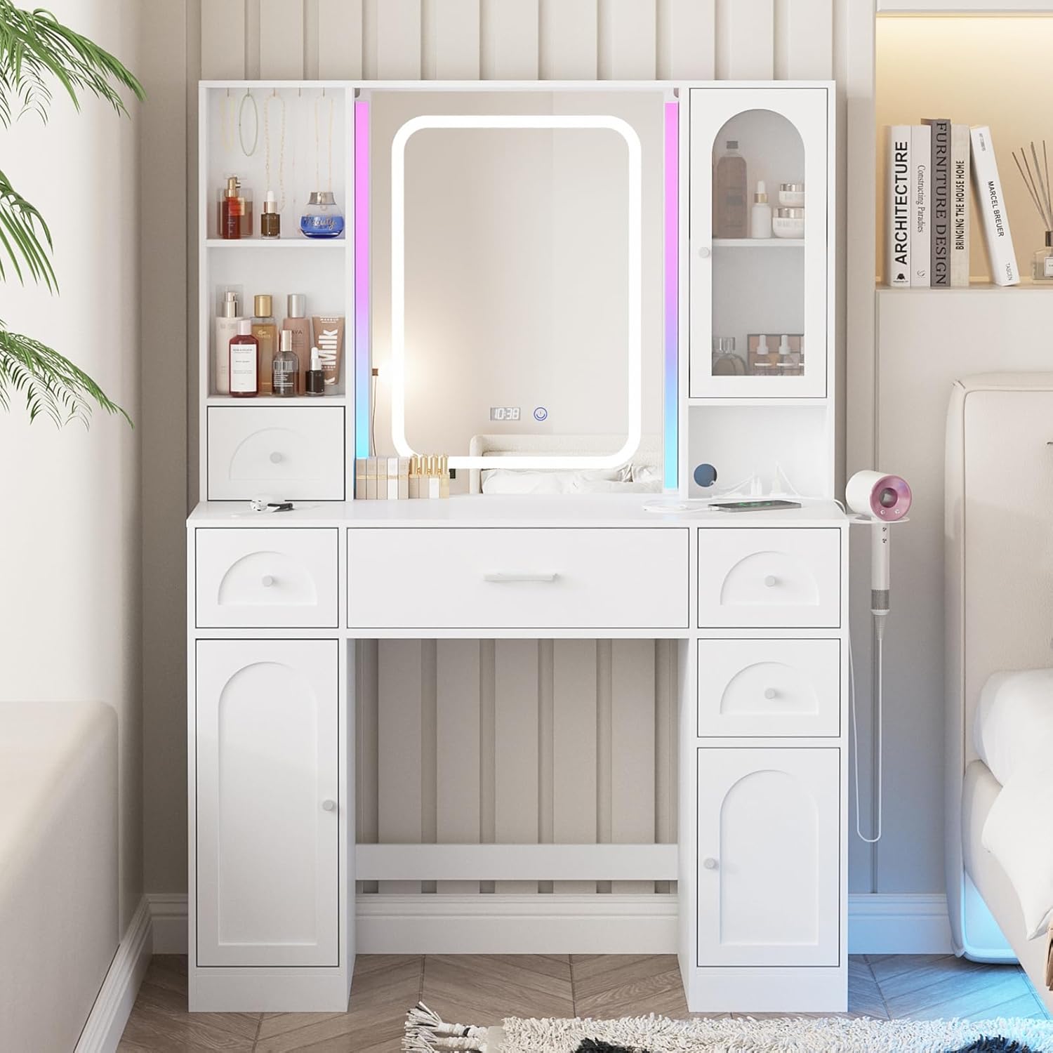 Fameill White Vanity Desk with Mirror,Makeup Vanity with RGB Lights & Power Strip,Makeup Desk Vanity Table with 5 Drawers Lots Storage & Time Display,3 Lighting Modes LED Lighted Mirror,41.3in(L)
