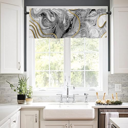 Miniatura 2 de Cenefas de cortinas de mármol, mármol blanco y negro, línea dorada, arte abstracto y moderno, bolsillo para barra, cenefa de cafetería, cortinas