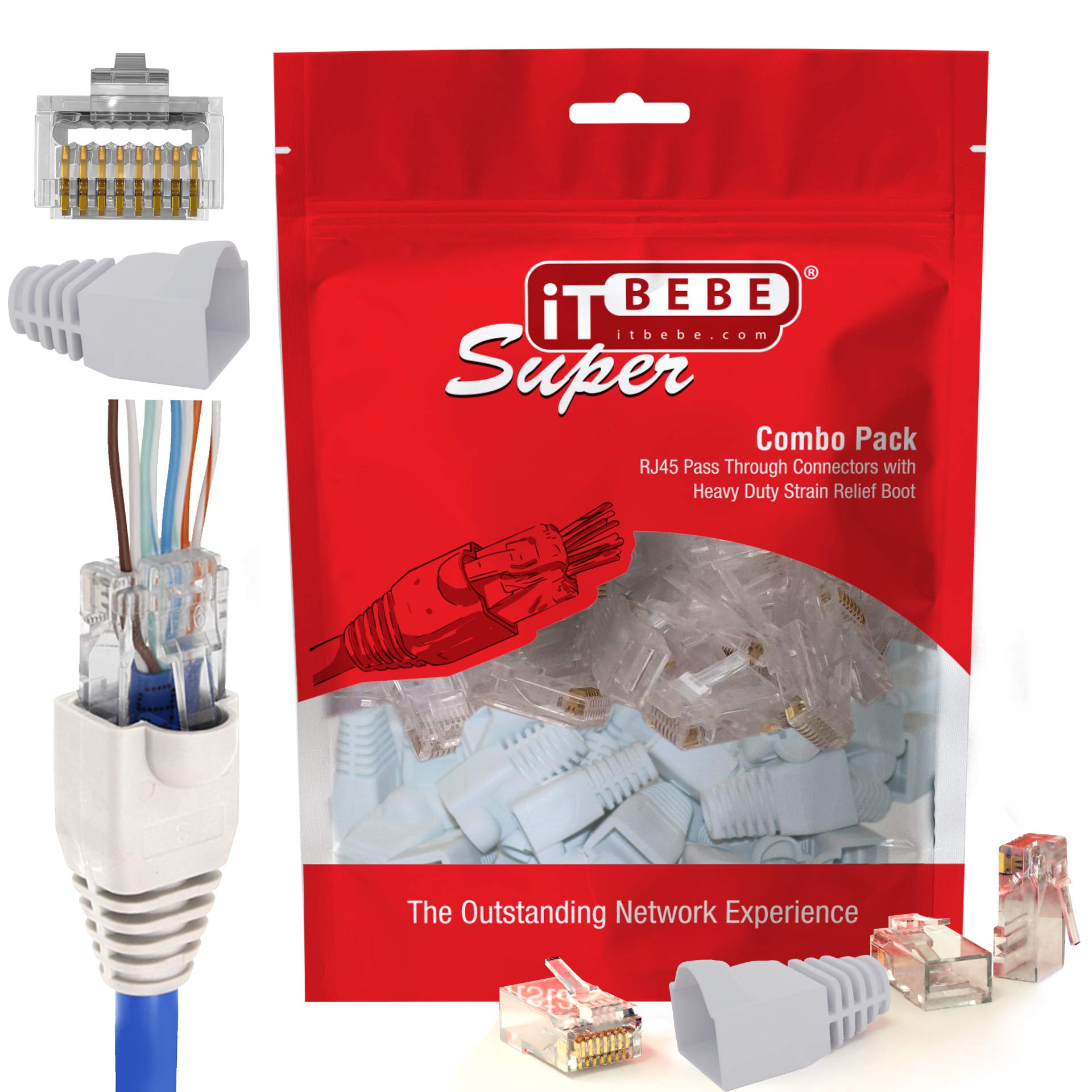 ITBEBE 30/30 RJ45 Cat6 Pass Through Connectors for 24 AWG Cables - 30 Cat6 Passthrough Connector Ends and 30 RJ45 Connectors White Strain Relief Boots for Clean, snag-Free ethernet Patch Cord
