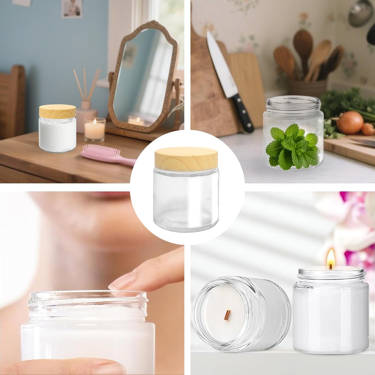 25 Pcs Glass Jars with Lids and Lnner Iiners 4 Oz Empty Small Containers Plastic Woodgrain Round Airtight Cosmetic Jars Reusable Glass Bottles for Travel