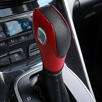 Leather Gear Shift Knob Cover Compatible with Ford Focus Escape Fusion Fiesta Transit 2012-2019 Black Leather with Red Stitches Shifter Knob Cover- Black& Red