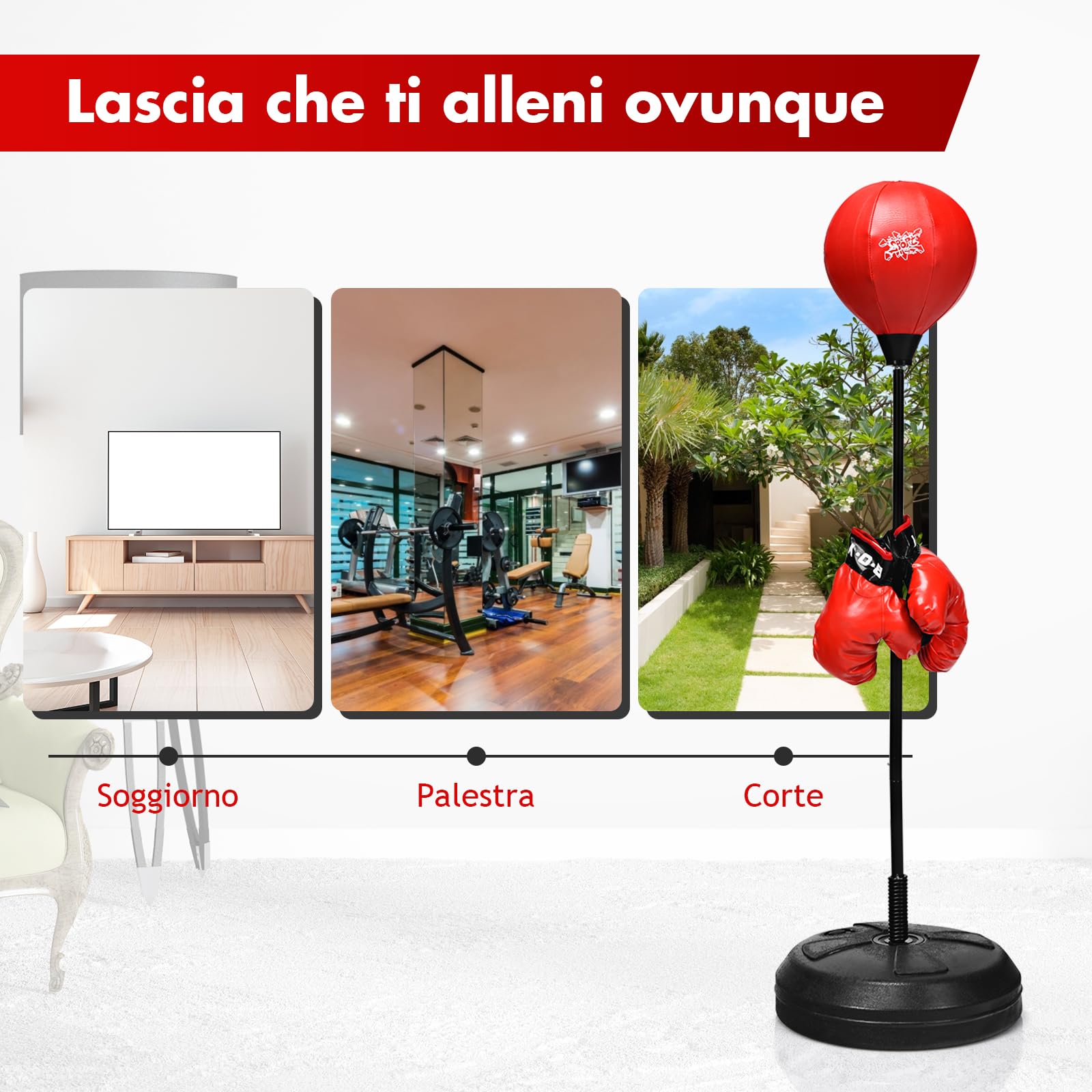 RELAX4LIFE Sacco da Boxe con Guantini per Adulti e Bambini - Punching Ball da Terra Altezza Regolabile da 120 a 154 cm, con Base Stabile Riempibile,Rosso Nero