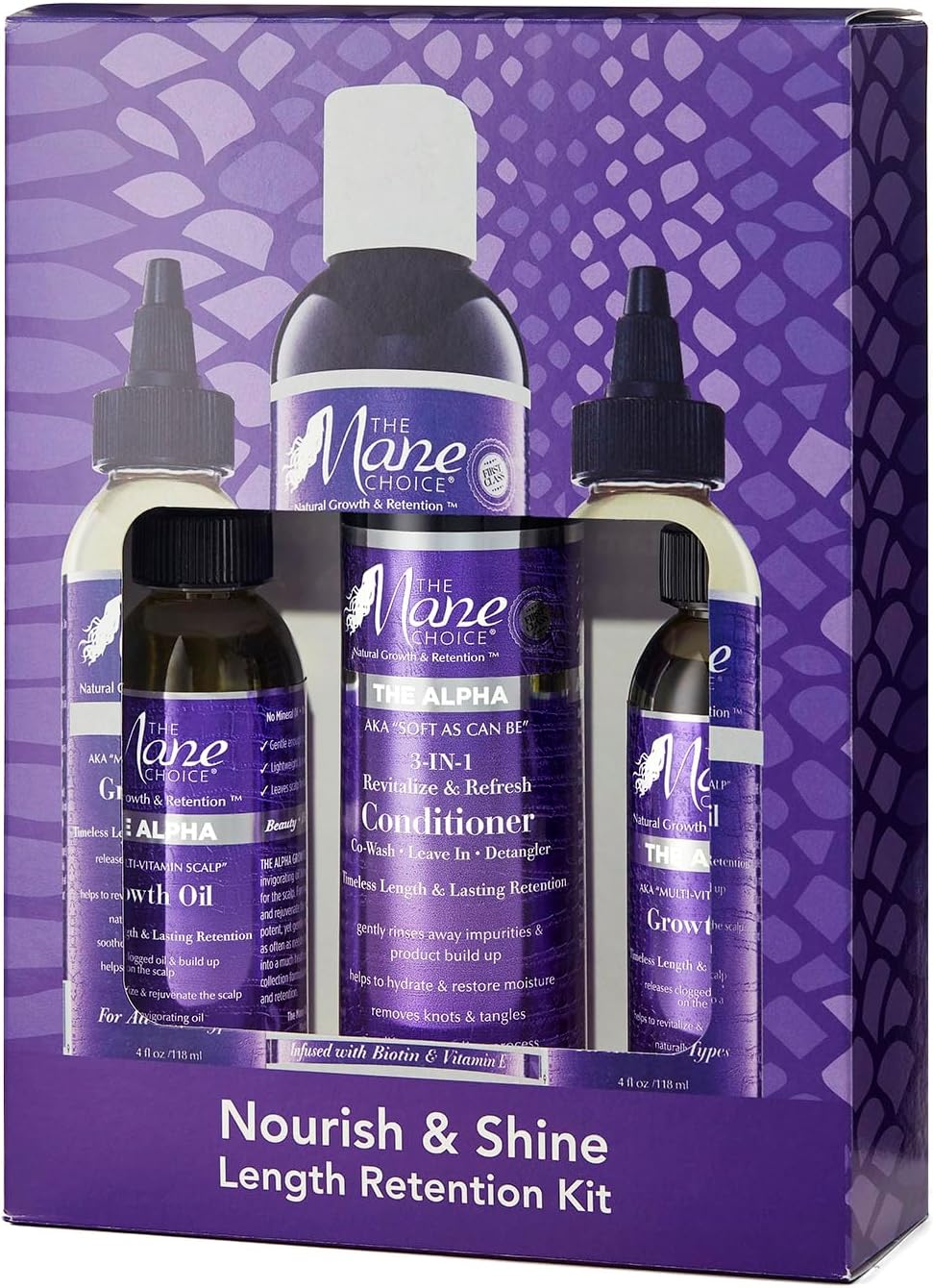The Mane Choice Hair Care Nourish & Shine Length Retention Kit: 2 x 4 oz The Alpha Multi-Vitamin Scalp Nourishing Hair Growth Oil & 1 x 8 oz 3-in-1 Leave In Conditioner, Co-Wash & Detangler