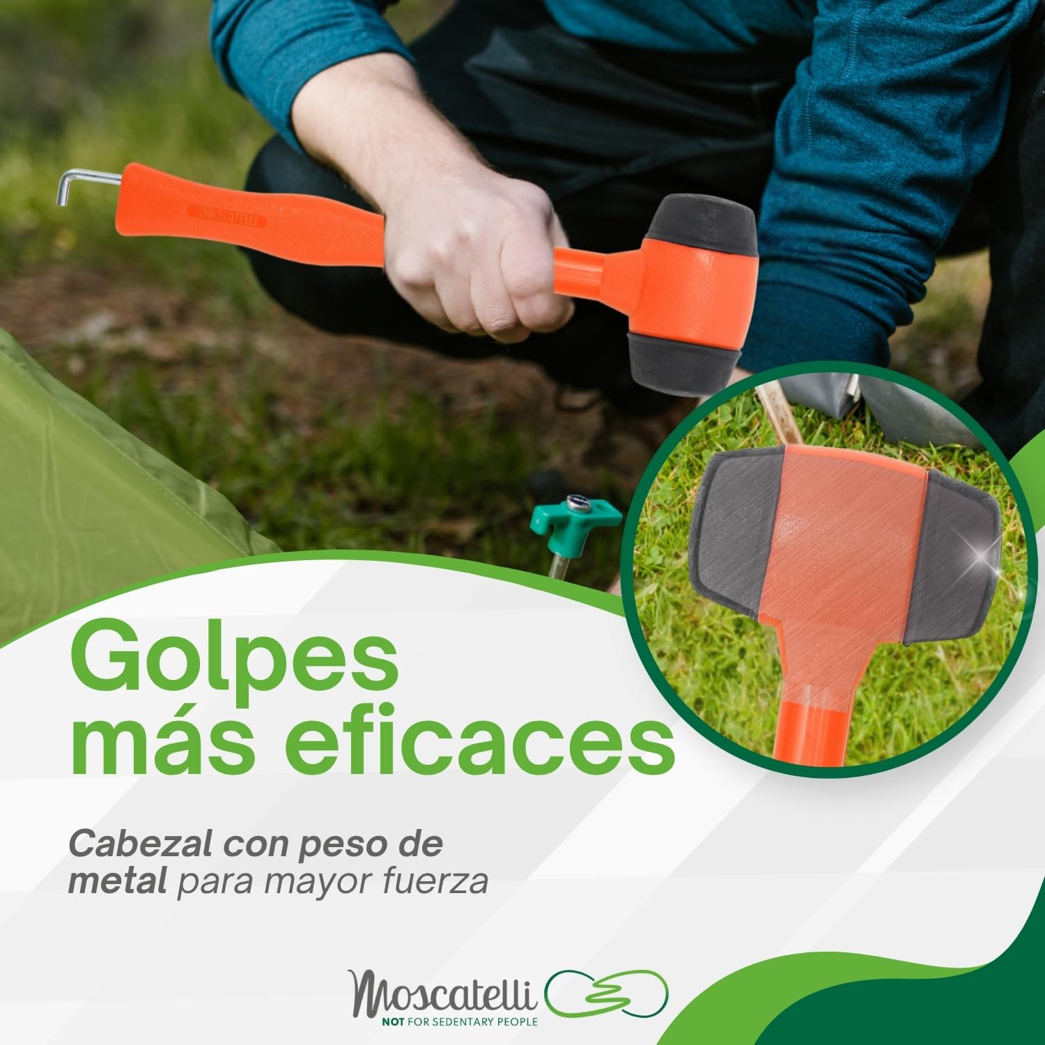 MOSCATELLI Martillo de Camping Multifuncional, Resistente y Ergonómico con Gancho para Extraer Estacas - Naranja