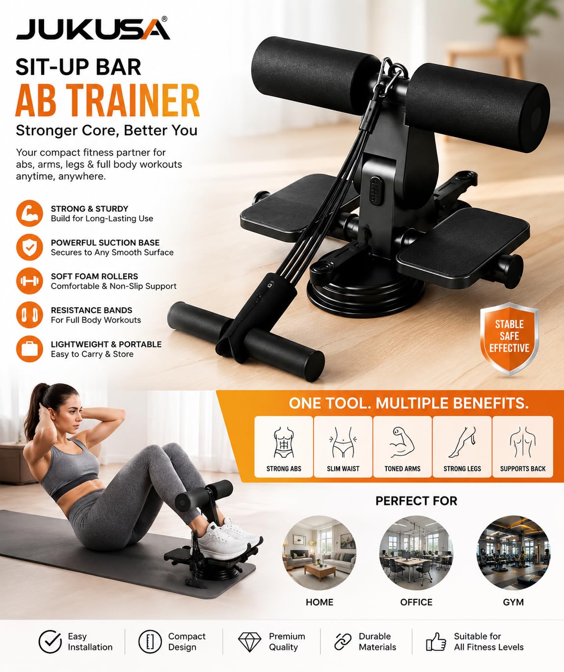 Jukusa Sit-ups Assistant at Home Working Out, Adjustable Sit-Up Bar Fitness Device for Abdominal Muscle Trainer Gym Equipment for Men & Women, Best for Weight Loss Thin Thigh (Black) 4