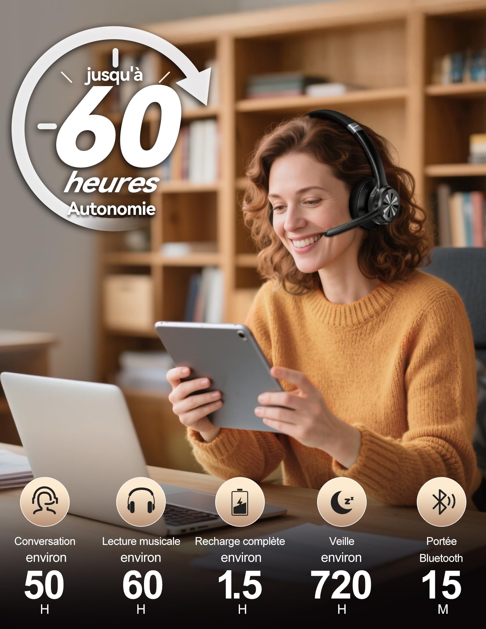 TECKNET Casque Bluetooth sans Fil avec Micro, Casque Audio sans Fil Technologie Bluetooth 5.2, Casque Micro, Casque Micro Bluetooth Wireless pour Ordinateur Portable, Skype, Centre d'appels, Bureau