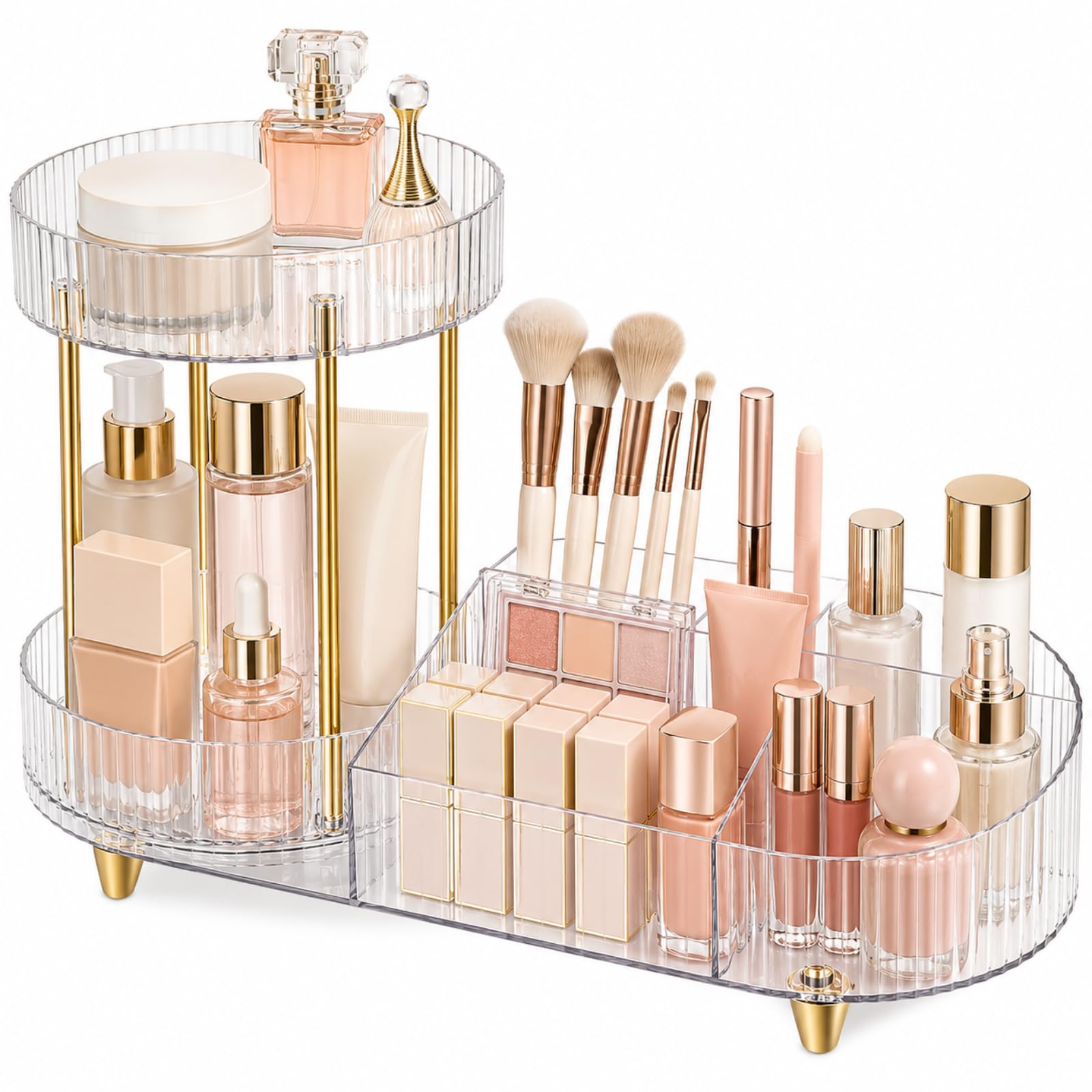 Rotating Perfume Organizer, Makeup Organizer Countertop for Vanity, 5-Compartment Cosmetic & Skincare Storage, Multi-Functional Make Up Organizers for Vanity, Makeup Brush Holder for Bathroom & Bedroo