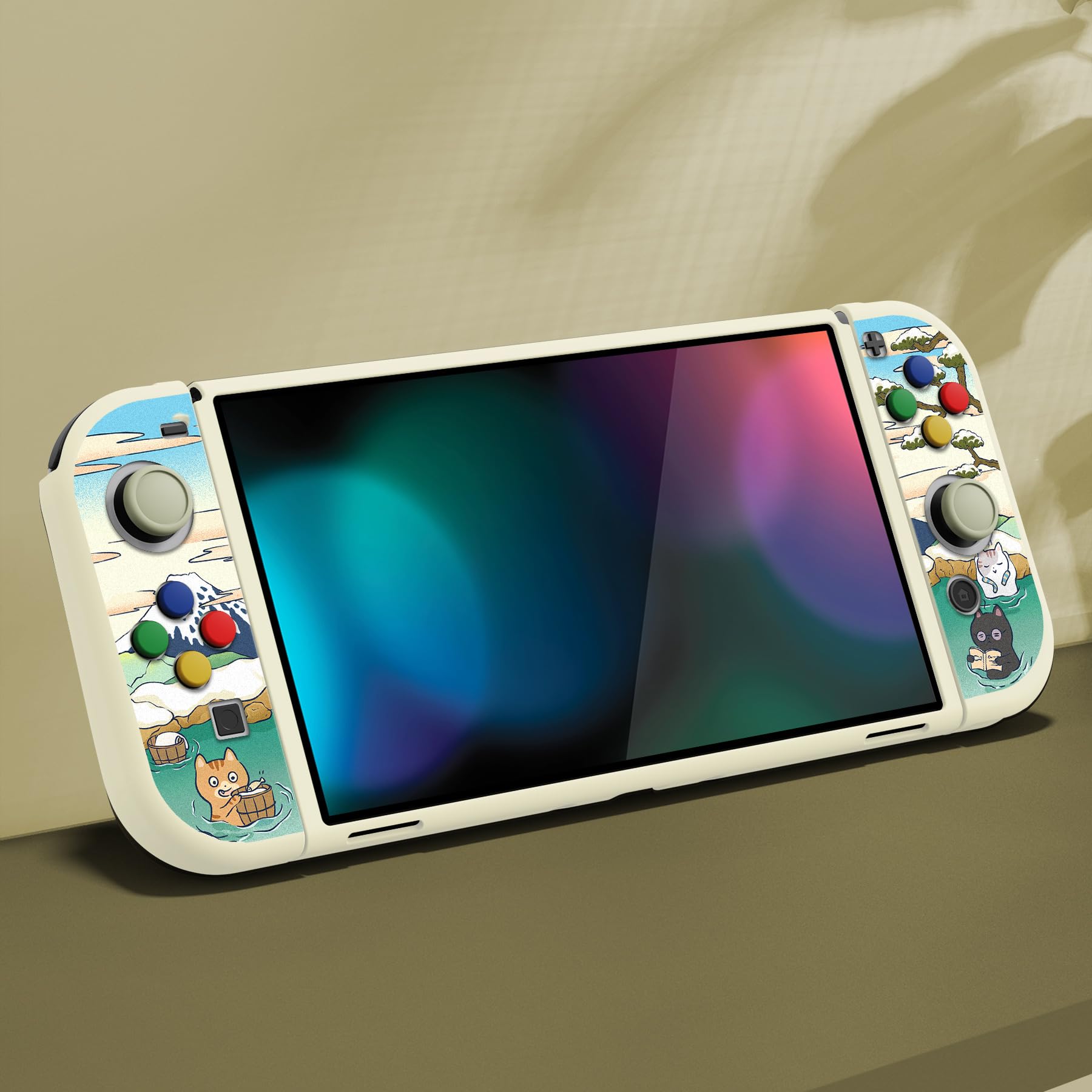 playvital ZealProtect Soft Protective Case for Nintendo Switch OLED, Flexible Protector Joycon Grip Cover for Switch OLED with Thumb Grip Caps & ABXY Direction Button Caps - Hot Spring Kitties — view 3