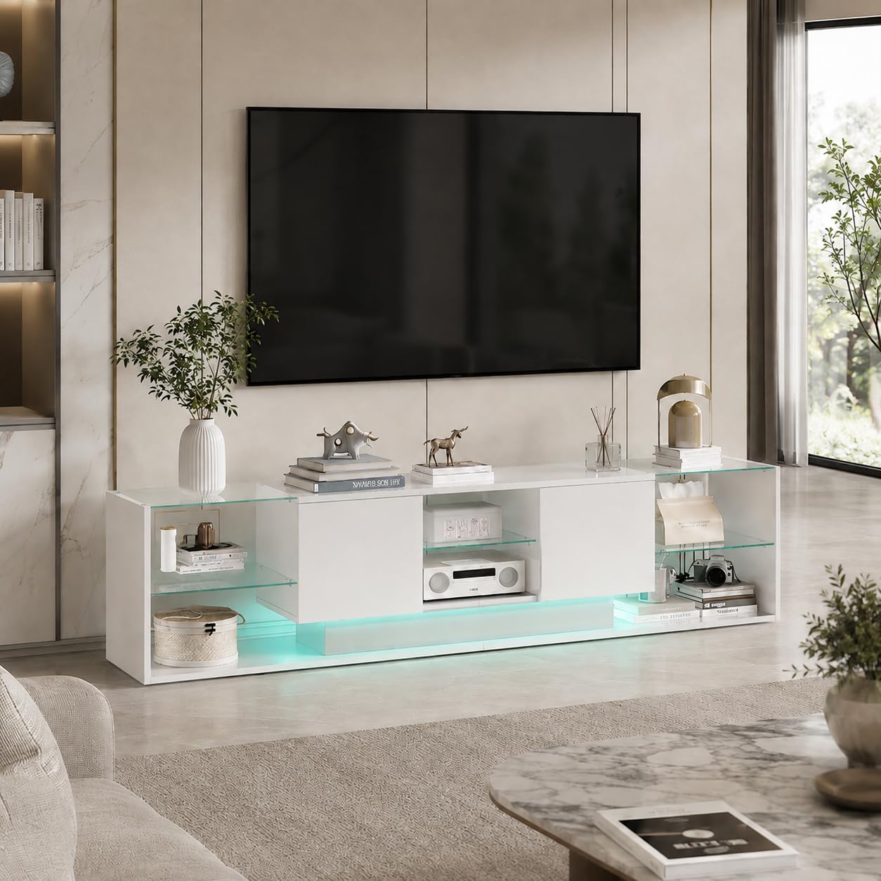 Mueble TV LED Blanco 200 cm, Mueble de TV Moderno con Luz LED.Mesa Televisión Salón con 2 cajones y Estante de Cristal, Armario Bajo para salón o Dormitorio, 200 x 35 x 45 cm (Blanco, B)